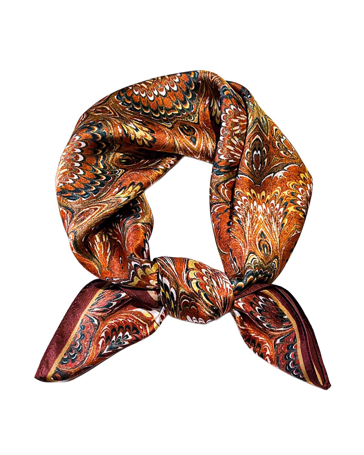 100% Mulberry Silk Head Scarf for Women - 21" Square Hair Scarf, Natural Silk Neckerchief — Amber Feather Bloom - FEELITS