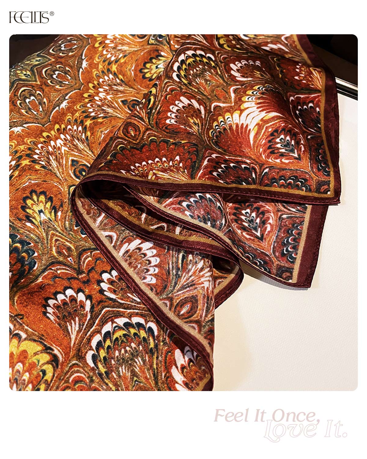100% Mulberry Silk Head Scarf for Women - 21" Square Hair Scarf, Natural Silk Neckerchief — Amber Feather Bloom - FEELITS