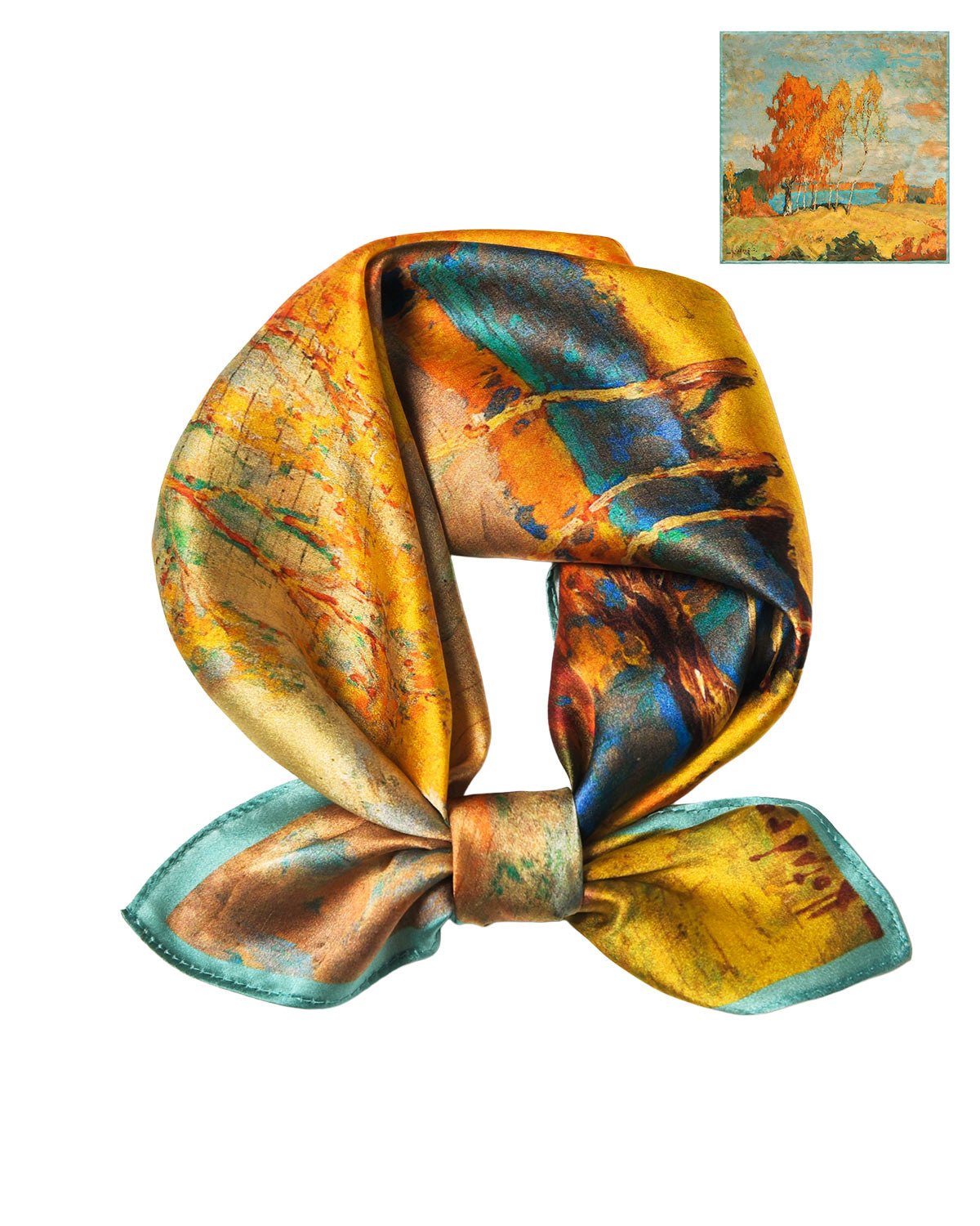 100% Mulberry Silk Head Scarf for Women - 21" Square Hair Scarf, Natural Silk Neckerchief — Golden Autumn Canvas - FEELITS
