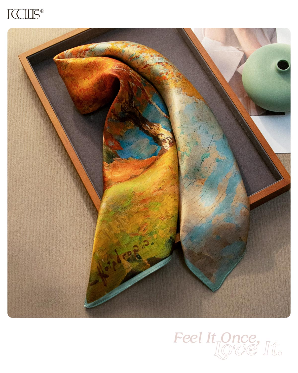 100% Mulberry Silk Head Scarf for Women - 21" Square Hair Scarf, Natural Silk Neckerchief — Golden Autumn Canvas - FEELITS