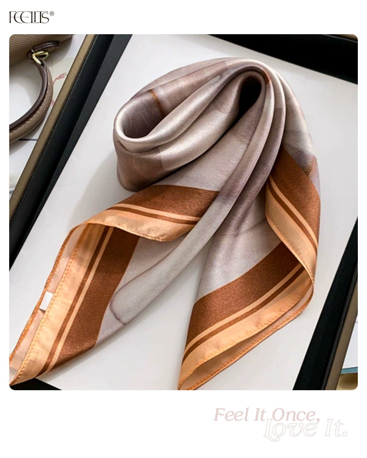 100% Mulberry Silk Head Scarf for Women - 21" Square Hair Scarf, Natural Silk Neckerchief — Mocha Marble Dream - FEELITS