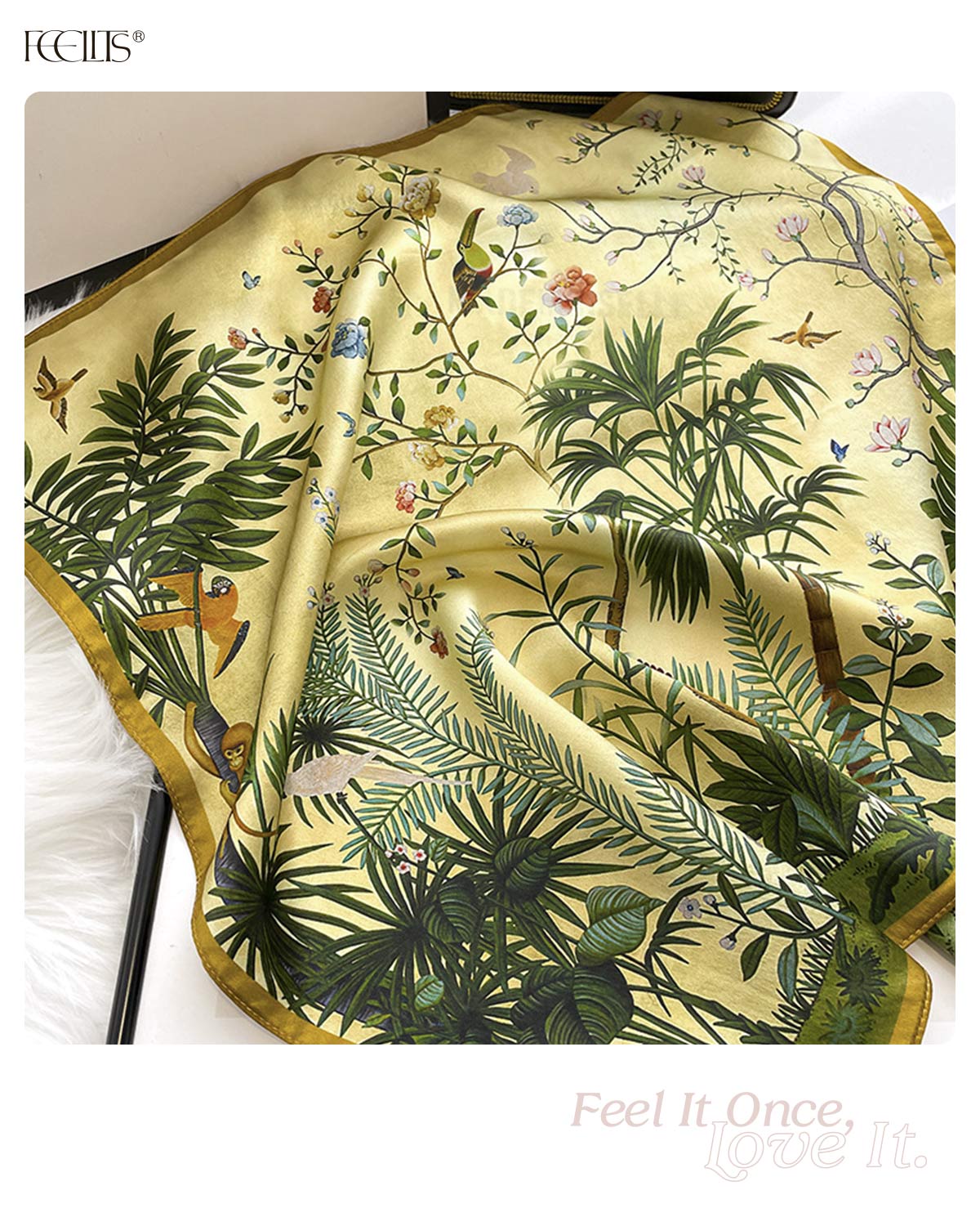 100% Mulberry Silk Head Scarf for Women - 21" Square Hair Scarf, Natural Silk Neckerchief — Tropical Eden - FEELITS