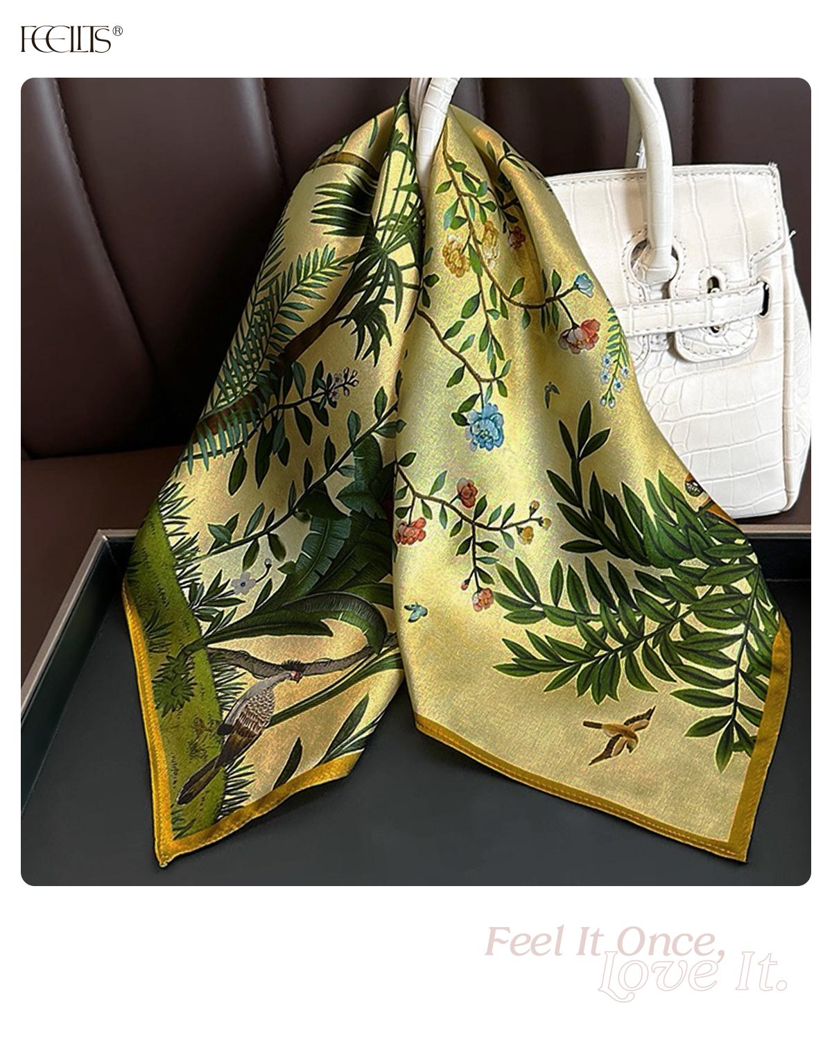 100% Mulberry Silk Head Scarf for Women - 21" Square Hair Scarf, Natural Silk Neckerchief — Tropical Eden - FEELITS