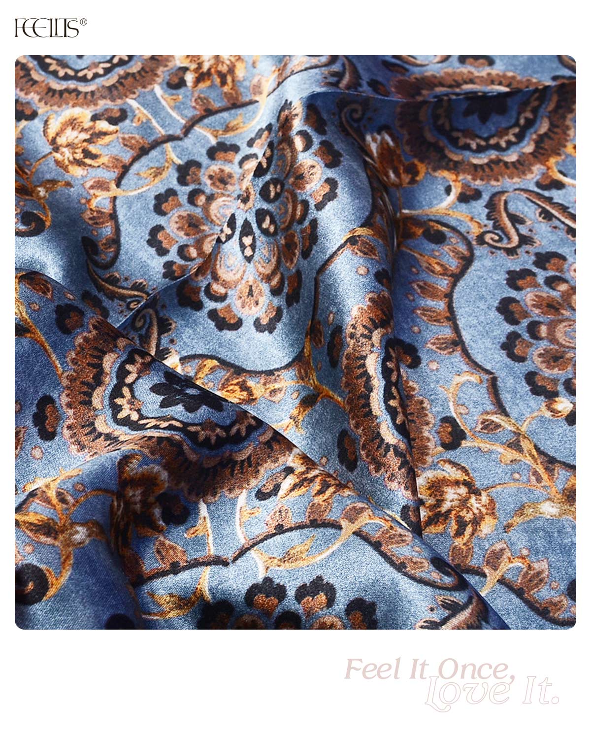 100% Mulberry Silk Head Scarf for Women - 21" Square Hair Scarf, Natural Silk Neckerchief — Vintage Blue Baroque - FEELITS