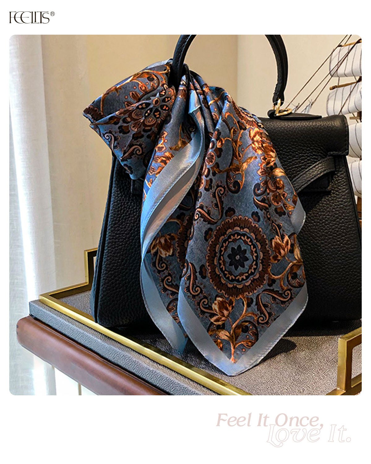 100% Mulberry Silk Head Scarf for Women - 21" Square Hair Scarf, Natural Silk Neckerchief — Vintage Blue Baroque - FEELITS