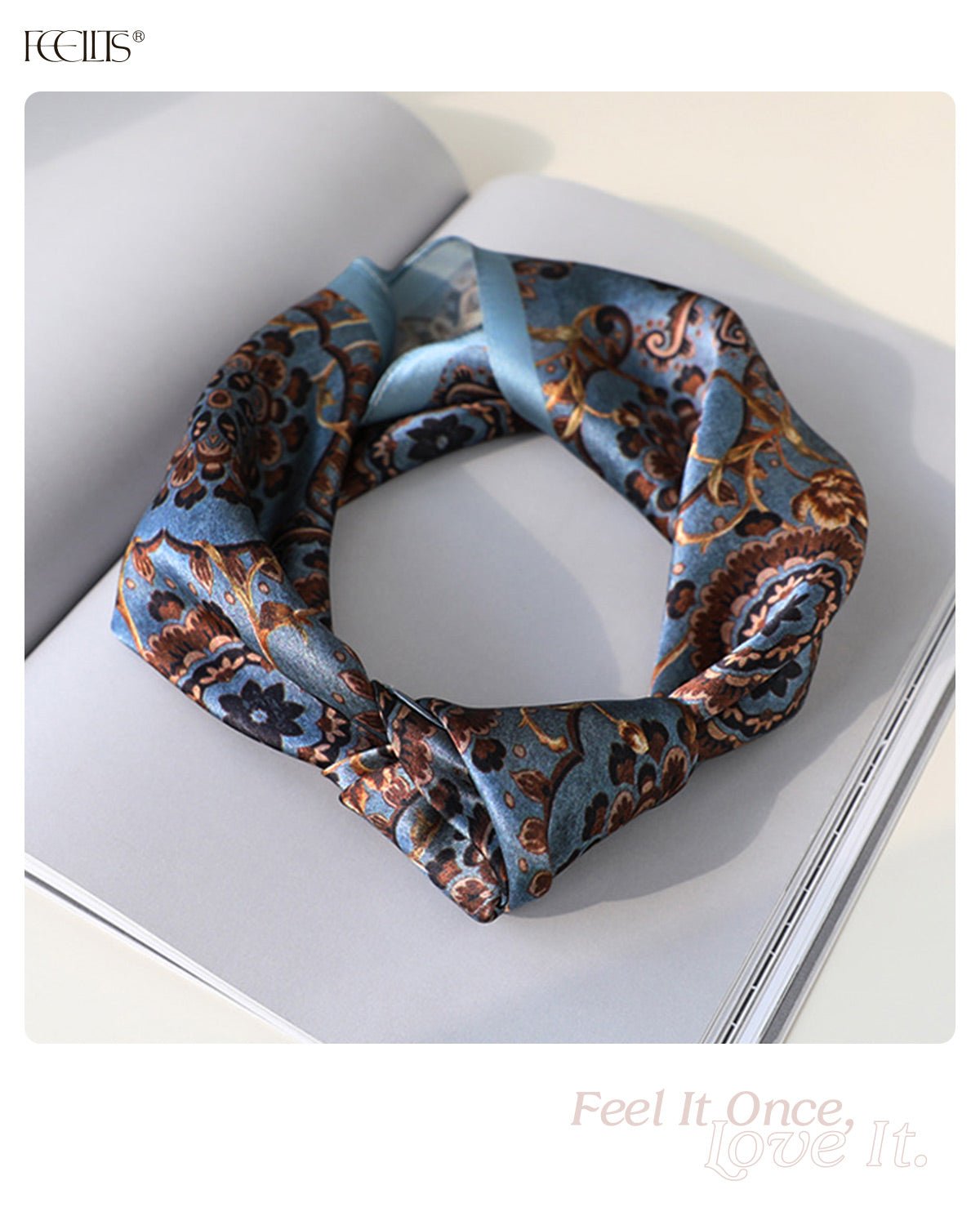 100% Mulberry Silk Head Scarf for Women - 21" Square Hair Scarf, Natural Silk Neckerchief — Vintage Blue Baroque - FEELITS