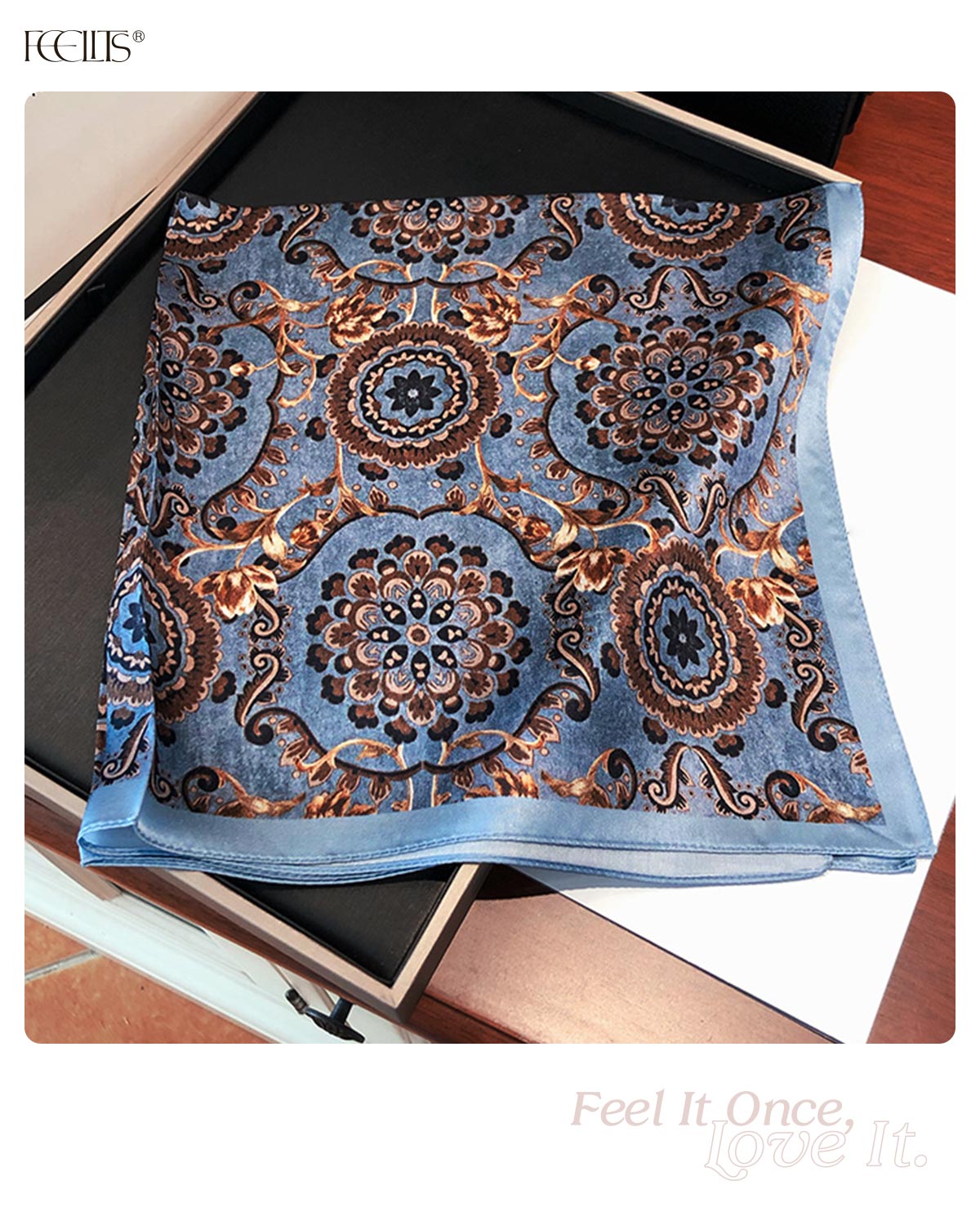 100% Mulberry Silk Head Scarf for Women - 21" Square Hair Scarf, Natural Silk Neckerchief — Vintage Blue Baroque - FEELITS