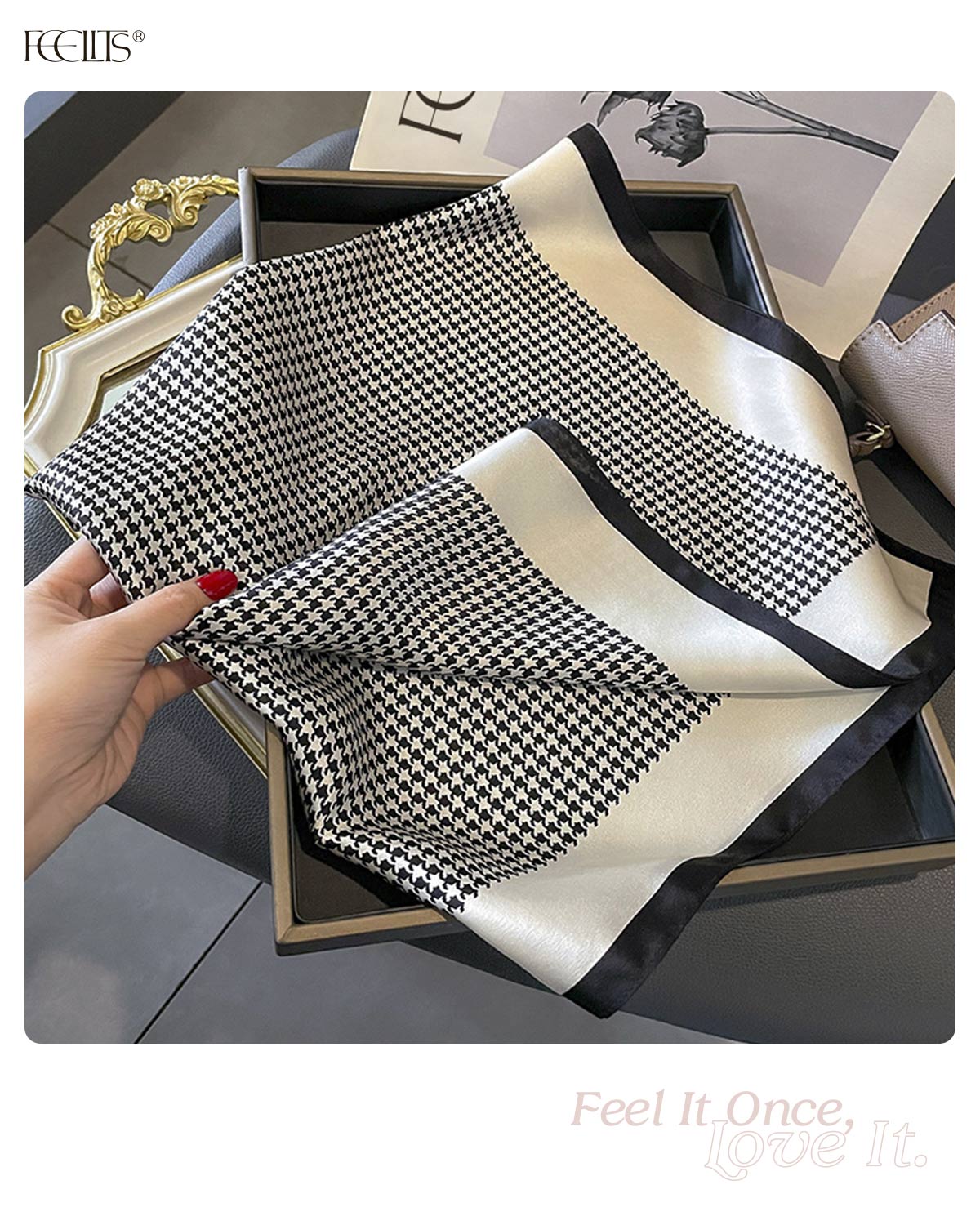 100% Mulberry Silk Head Scarf for Women - 27.5" Square Hair Scarf, Natural Silk Neckerchief — Classic Houndstooth Elegance - FEELITS