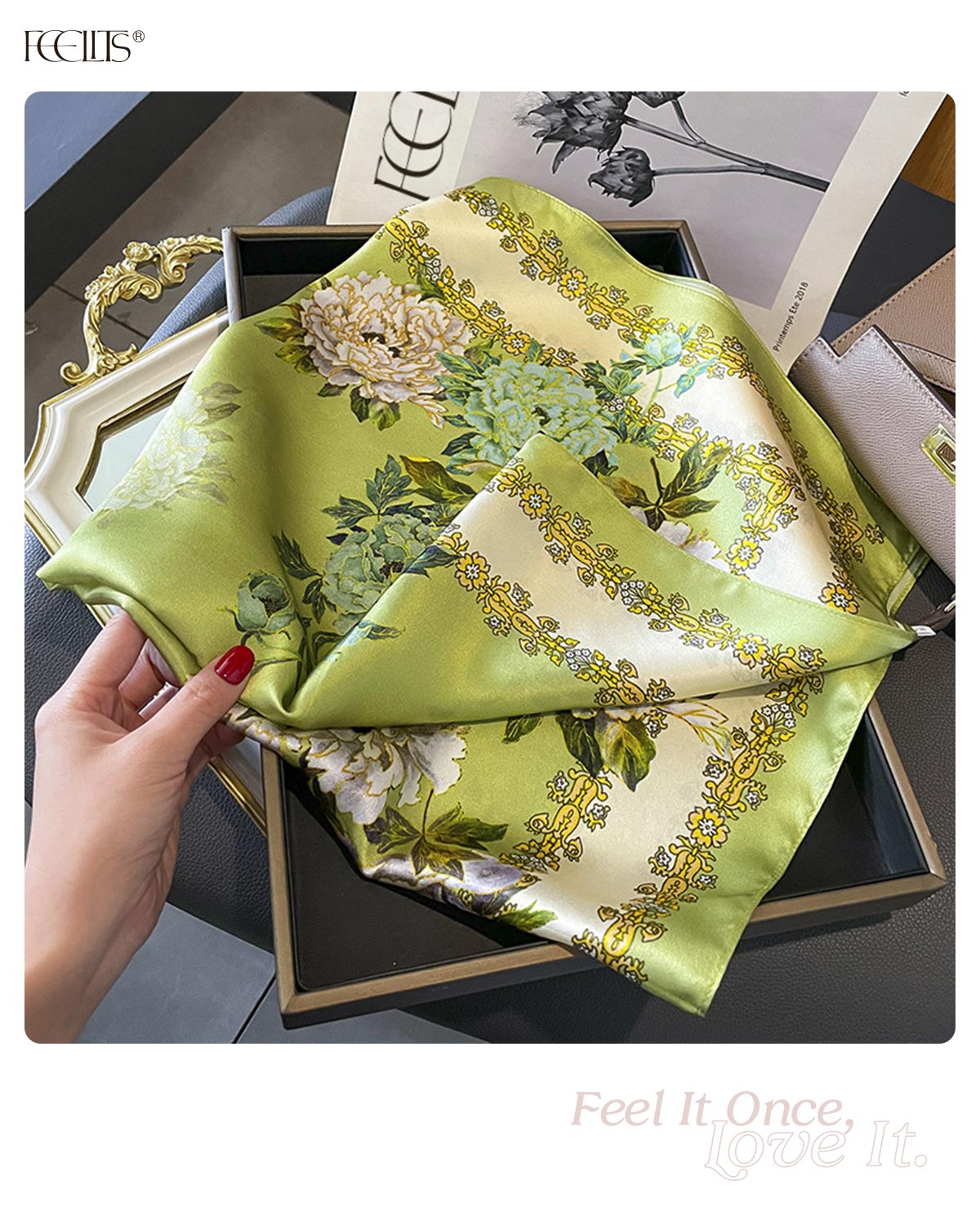 100% Mulberry Silk Head Scarf for Women - 27.5" Square Hair Scarf, Natural Silk Neckerchief — Lemon Garden Bloom - FEELITS