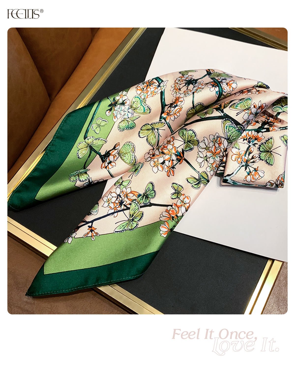 100% Mulberry Silk Head Scarf for Women - 27.5" Square Hair Scarf, Natural Silk Neckerchief — Spring Blossom Path - FEELITS
