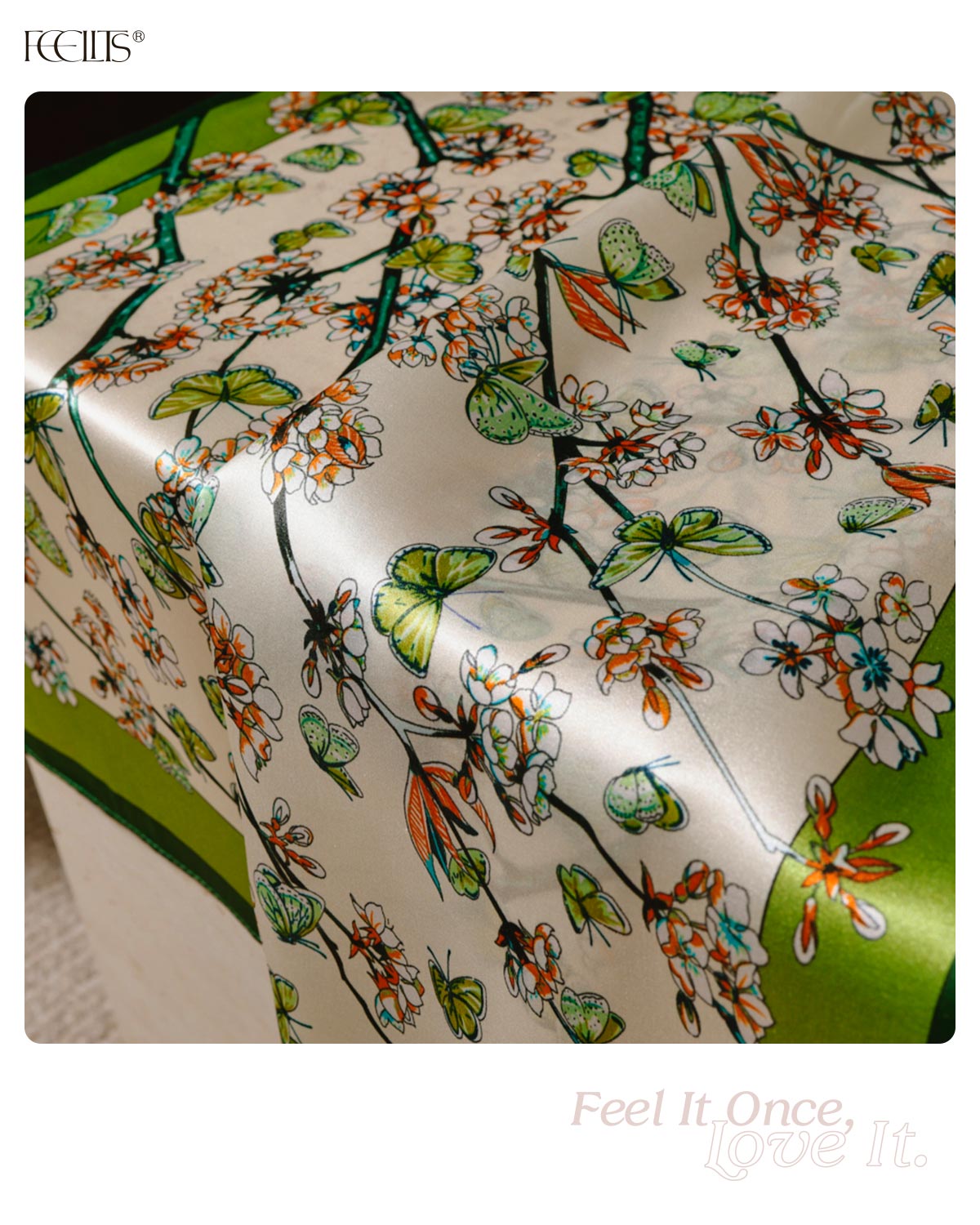 100% Mulberry Silk Head Scarf for Women - 27.5" Square Hair Scarf, Natural Silk Neckerchief — Spring Blossom Path - FEELITS