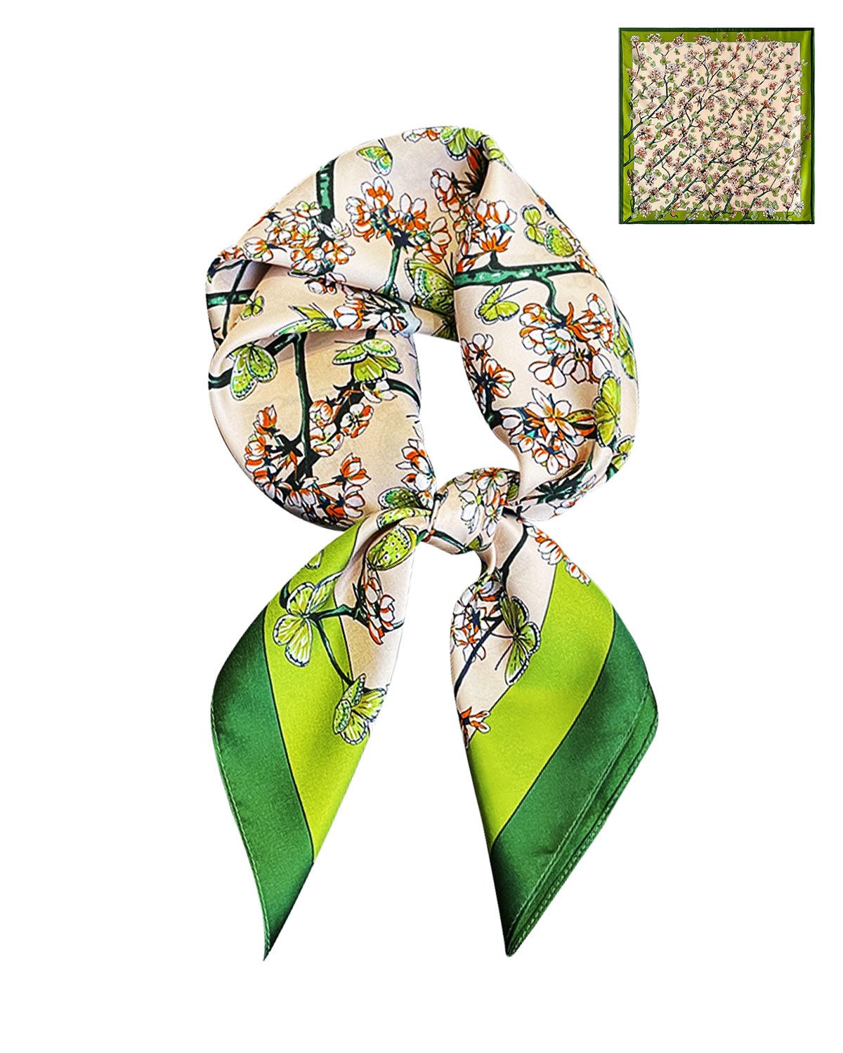 100% Mulberry Silk Head Scarf for Women - 27.5" Square Hair Scarf, Natural Silk Neckerchief — Spring Blossom Path - FEELITS