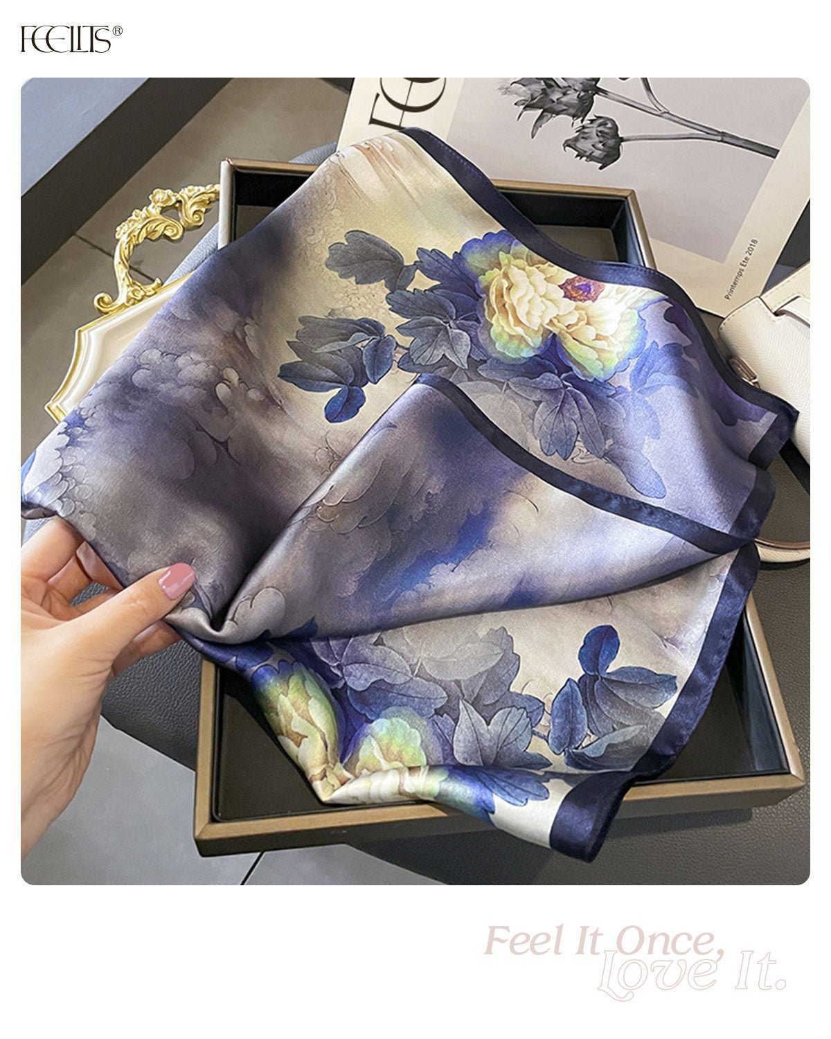 100% Mulberry Silk Head Scarf for Women - 27.5" Square Hair Scarf, Natural Silk Neckerchief — Twilight Mist Peony - FEELITS