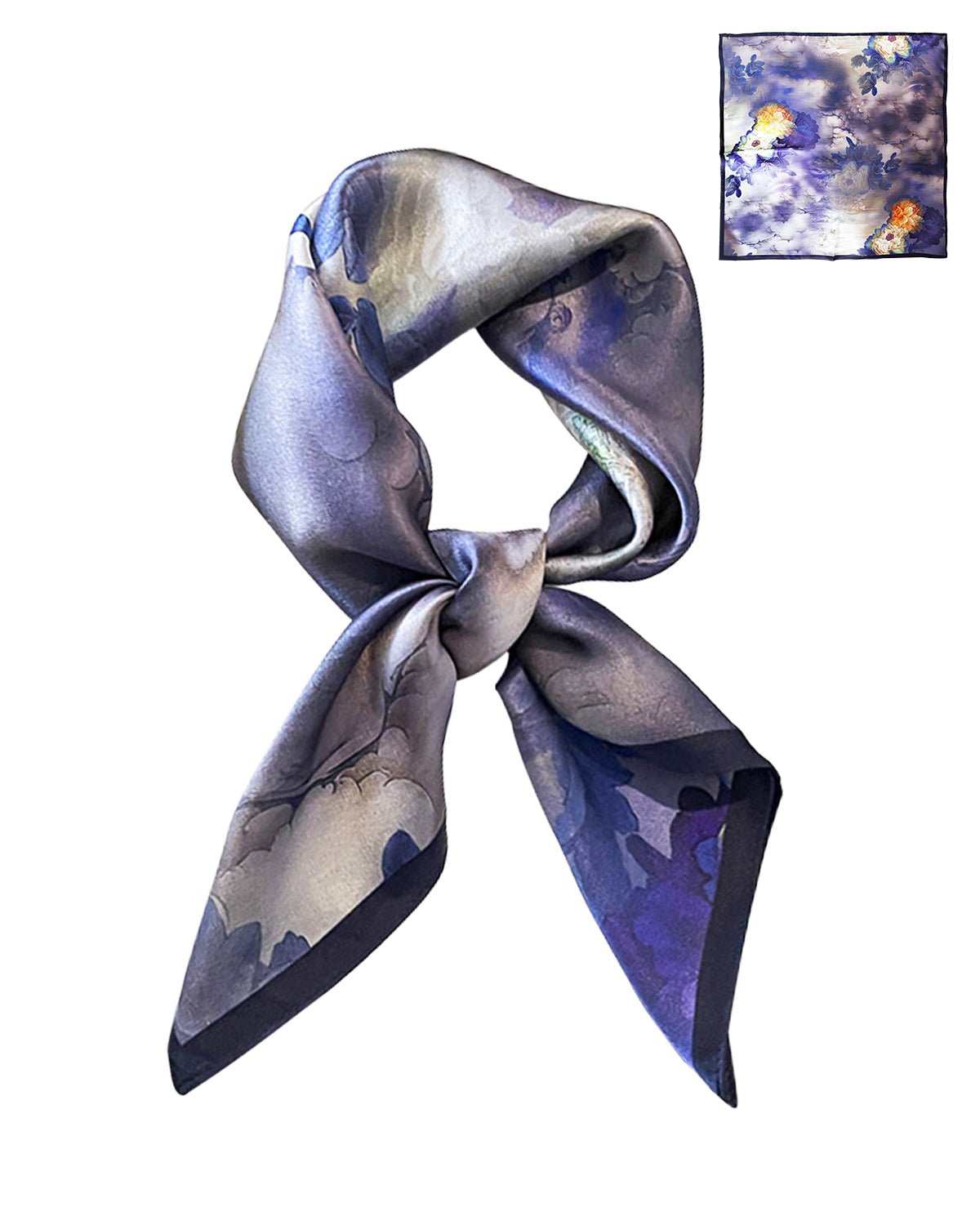 100% Mulberry Silk Head Scarf for Women - 27.5" Square Hair Scarf, Natural Silk Neckerchief — Twilight Mist Peony - FEELITS