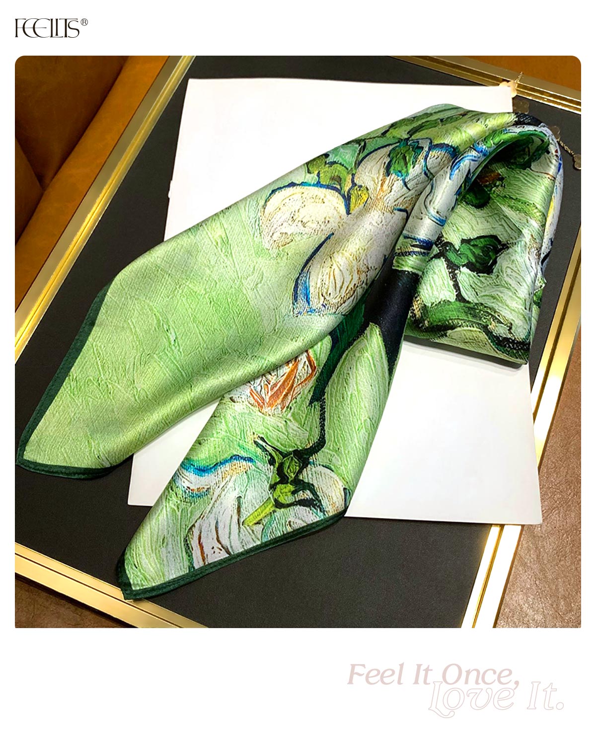 100% Mulberry Silk Head Scarf for Women - 27.5" Square Hair Scarf, Natural Silk Neckerchief — Van Gogh Garden - FEELITS