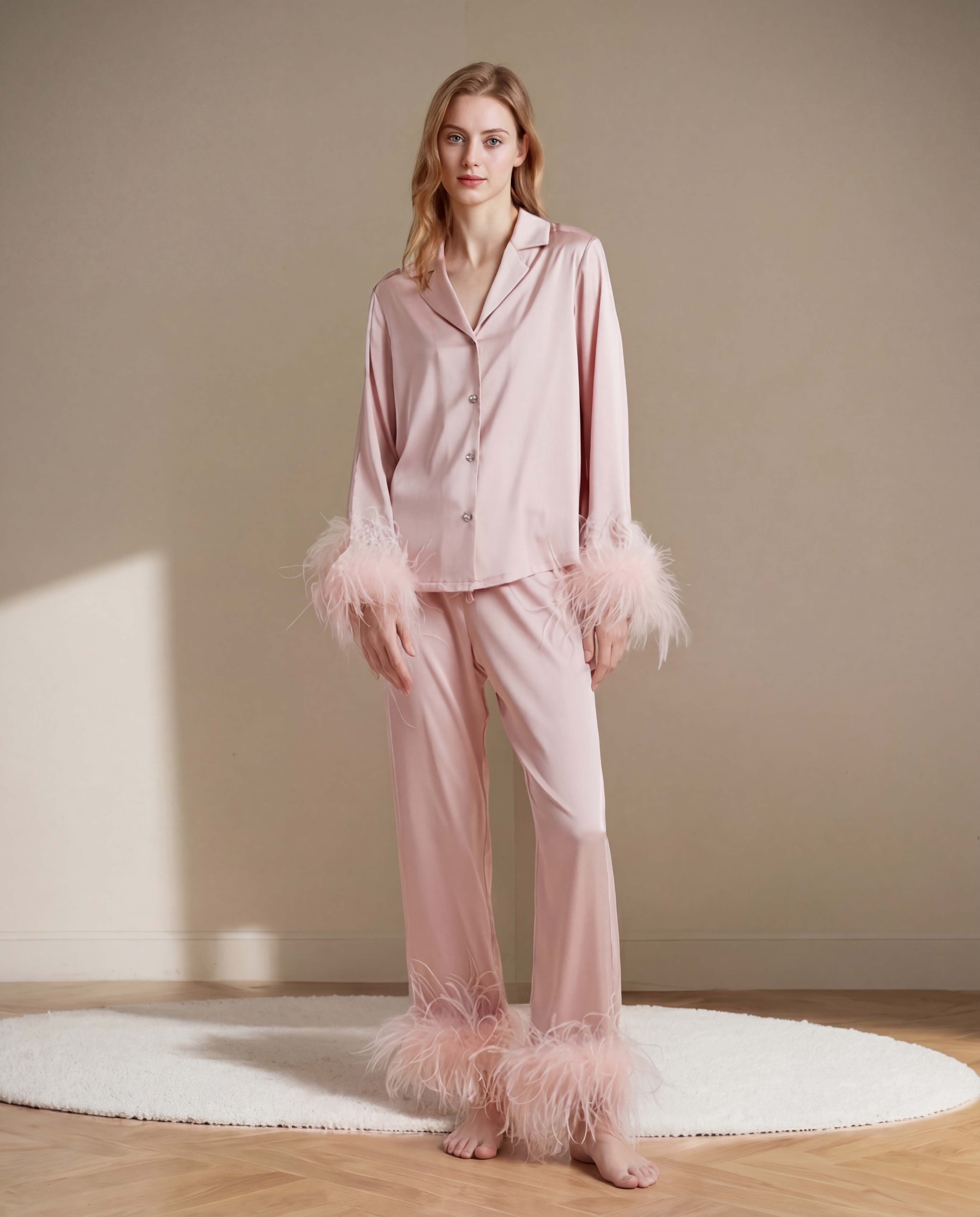FEELITS PA05 Silk Pajama Set with Detachable Ostrich Feather Trim – 100% 19 Momme Mulberry Silk - FEELITS