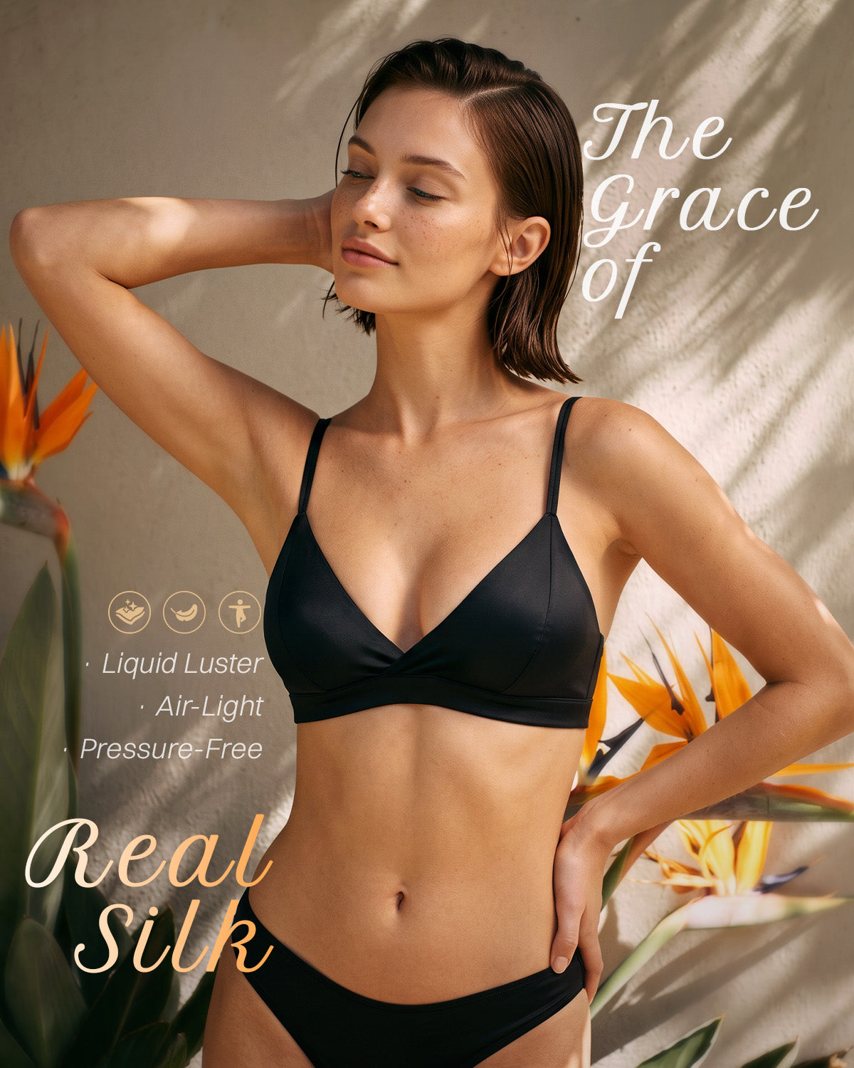 FEELITS BRA16 Cross-Front Silk Triangle Bralette - 95% Mulberry Silk, Removable Pads