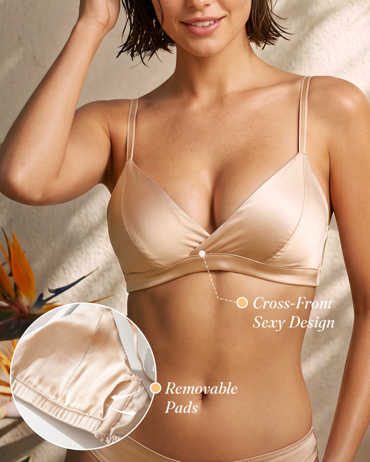 FEELITS BRA16 Cross-Front Silk Triangle Bralette - 95% Mulberry Silk, Removable Pads