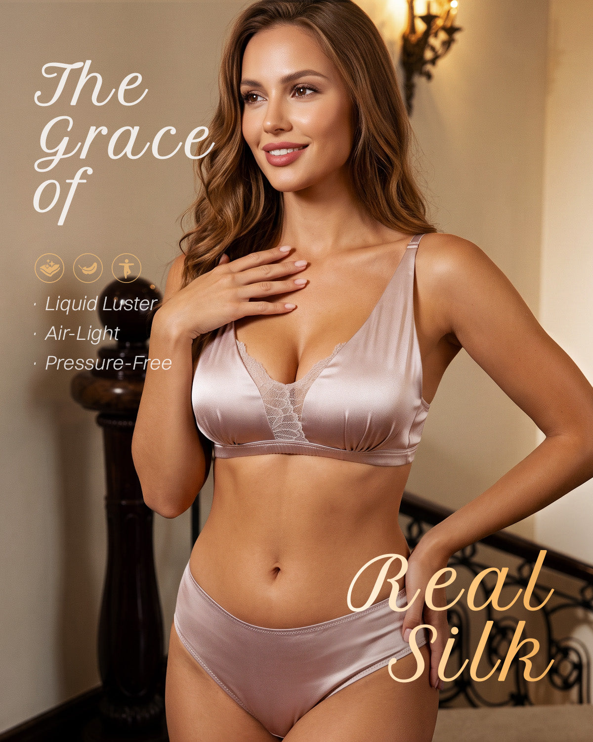FEELITS BRA18 22 Momme Mulberry Silk Deep-V Lace Bralette – Wire-Free Bra with Ruched Cup Detail