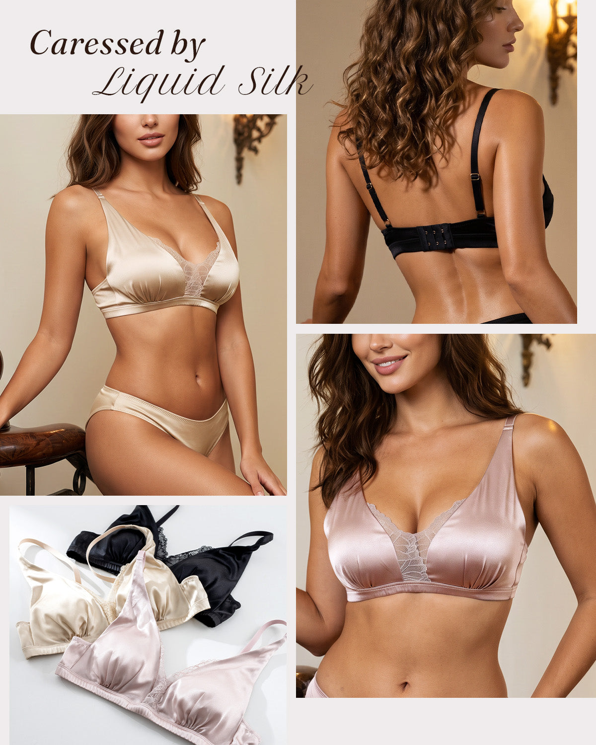 FEELITS BRA18 22 Momme Mulberry Silk Deep-V Lace Bralette – Wire-Free Bra with Ruched Cup Detail