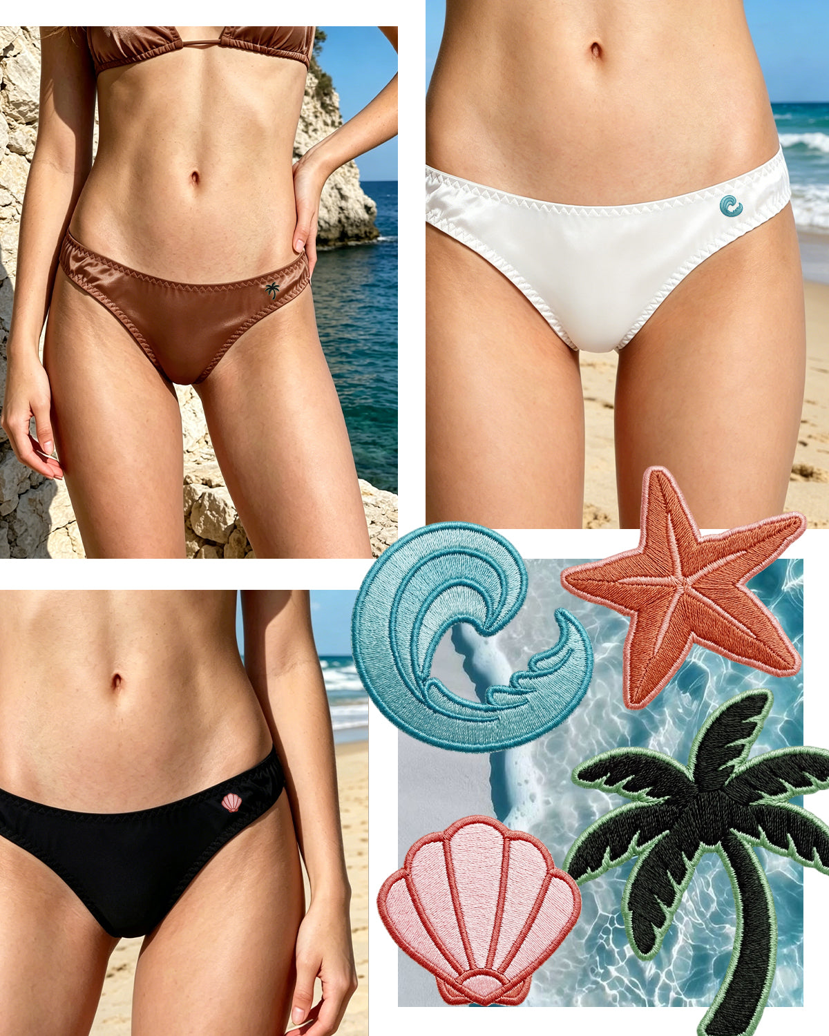 FEELITS KN12 Embroidered Silk Low-Rise Bikini Panties – 100% 6A Mulberry Silk, Ocean-Inspired Motifs