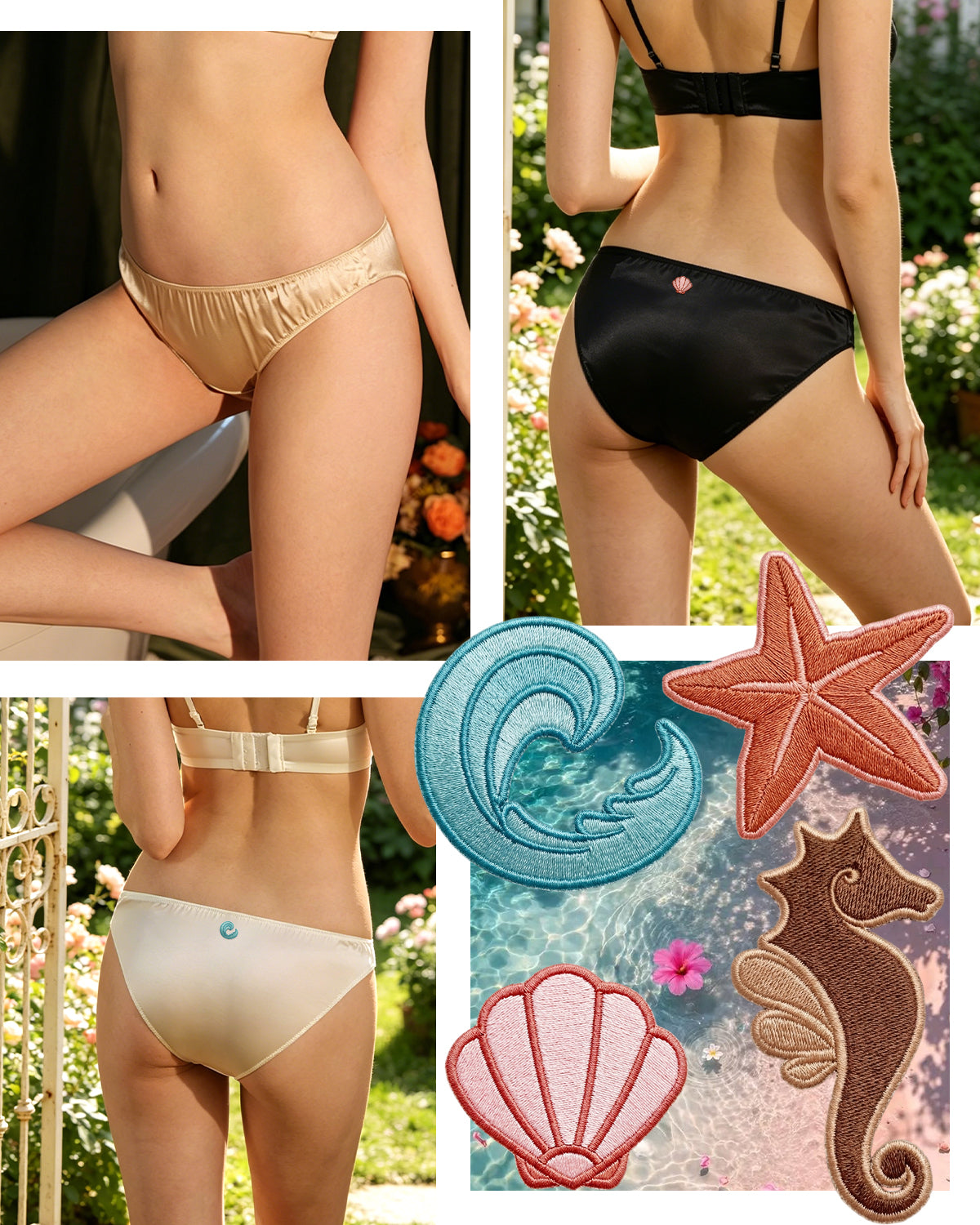 FEELITS KN13 Embroidered Silk High-Cut Bikini Panties – 100% 6A Mulberry Silk, Ocean-Inspired Motifs
