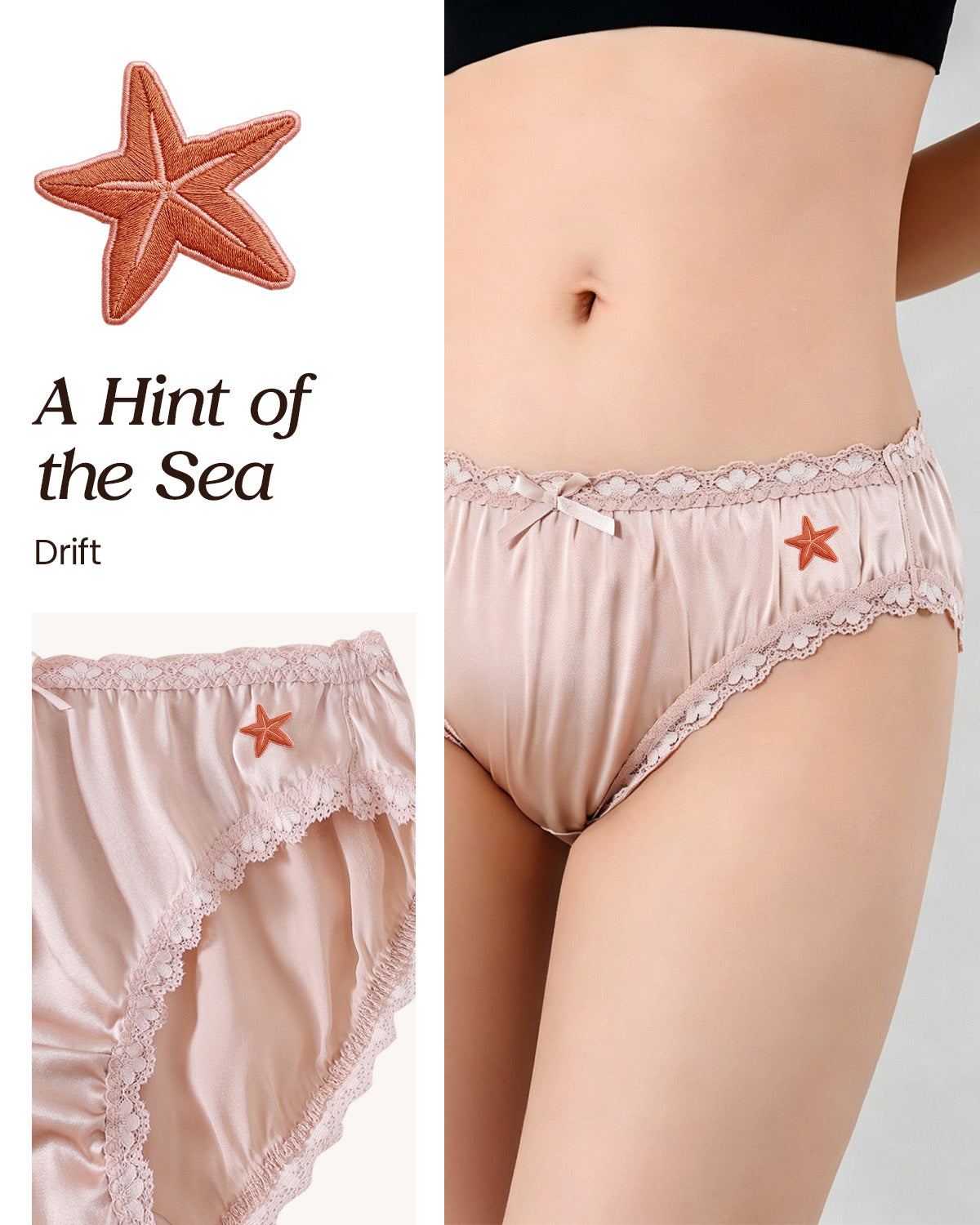 FEELITS KN18 Embroidered Mid-Rise Bikini Silk Panties – 100% 6A Mulberry Silk, Ocean-Inspired Motifs