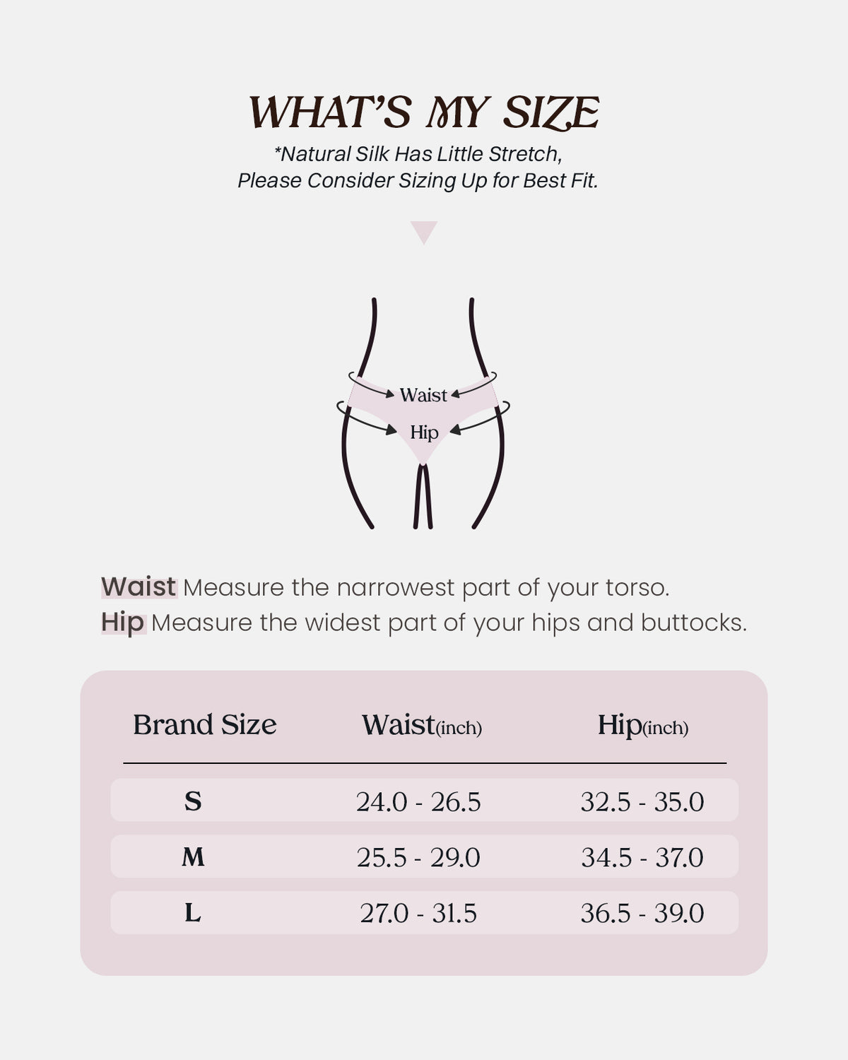 Größentabelle für den hoch ausgeschnittenen KN26 Seiden-Bikini-Slip mit Taillen- und Hüftmaßen | FEELITS