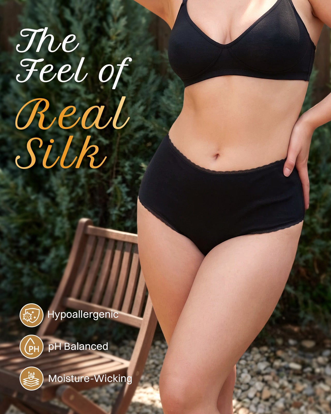 FEELITS KN36 High-Rise Silk Brief Panties - 100% Mulberry Silk, Scalloped Lace Trim