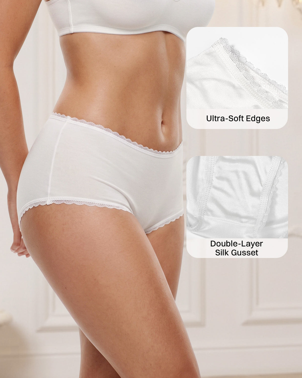FEELITS KN36 High-Rise Silk Brief Panties - 100% Mulberry Silk, Scalloped Lace Trim