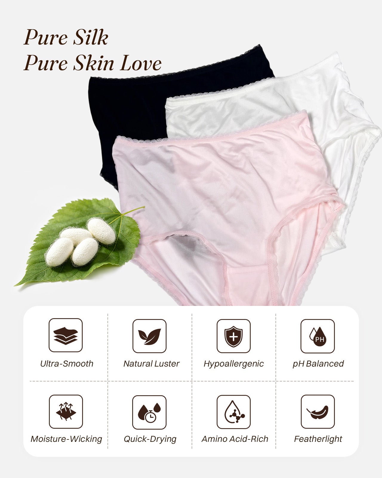 FEELITS KN36 High-Rise Silk Brief Panties - 100% Mulberry Silk, Scalloped Lace Trim