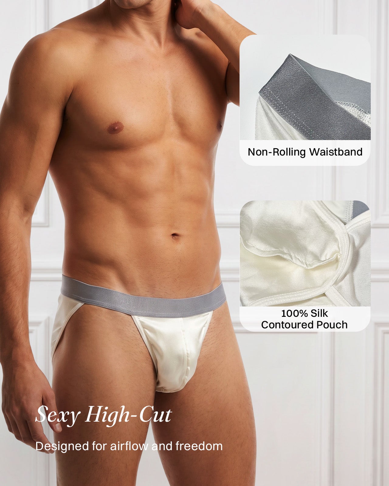 KNM02 ivory men's silk tanga briefs pouch and waistband details | FEELITS