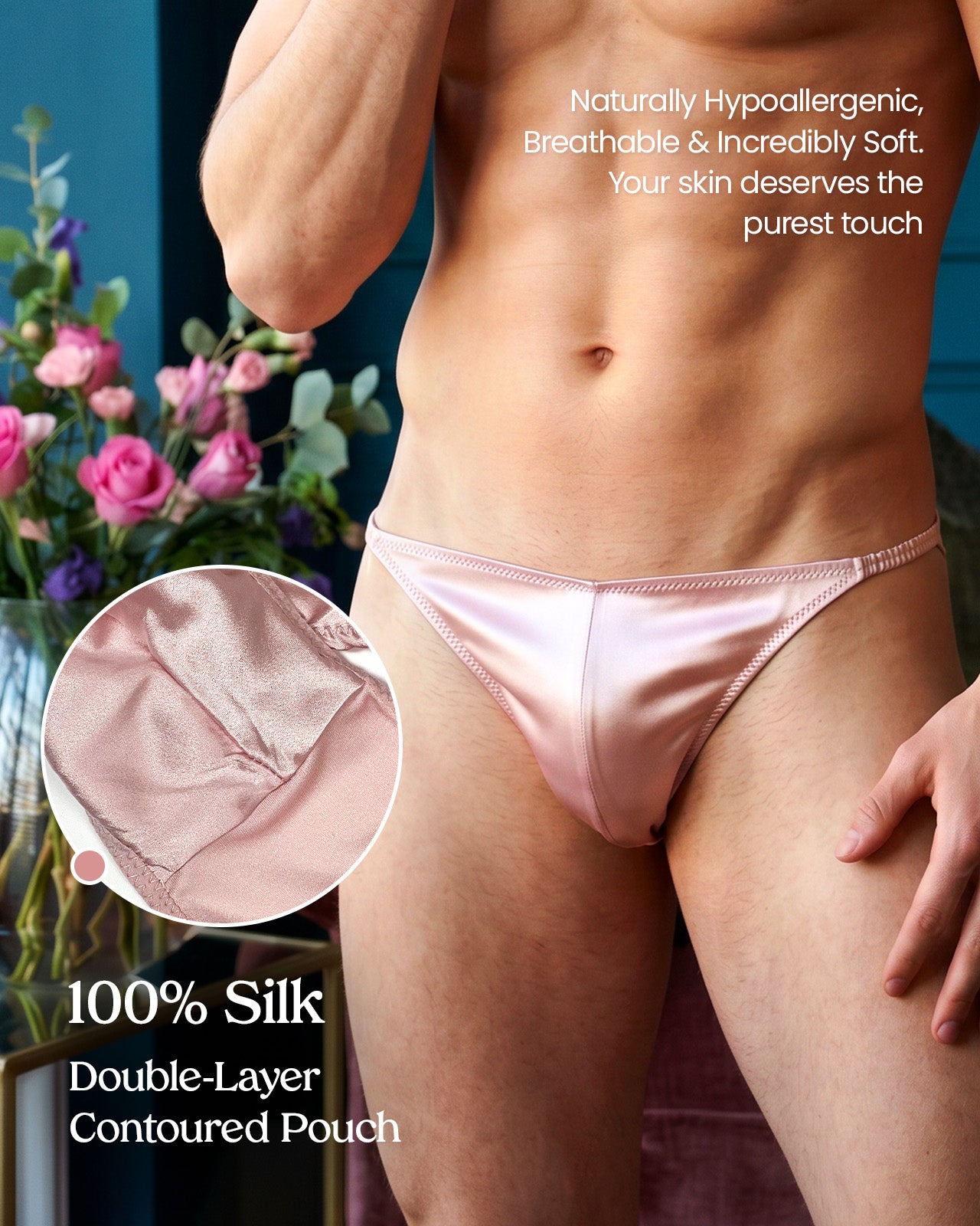 FEELITS KNM06 Men's Mulberry Silk String Briefs - Low-Rise, Double-Layer Pouch