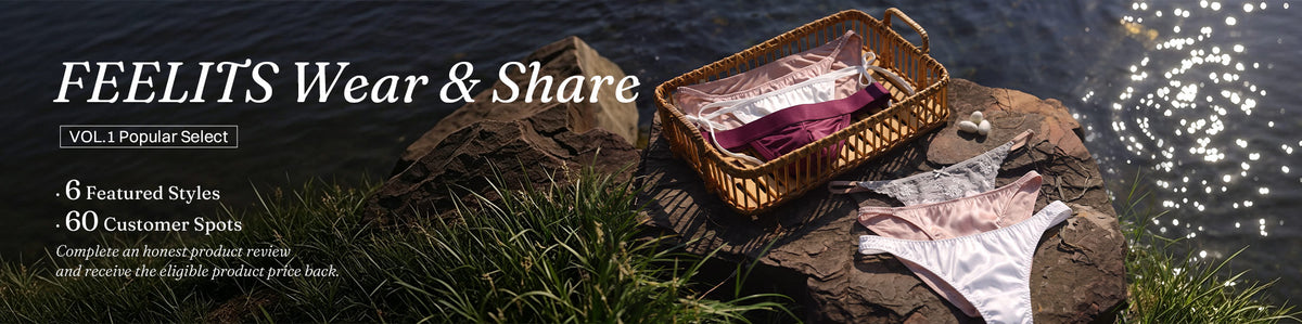 FEELITS silk underwear in a woven basket beside the water
