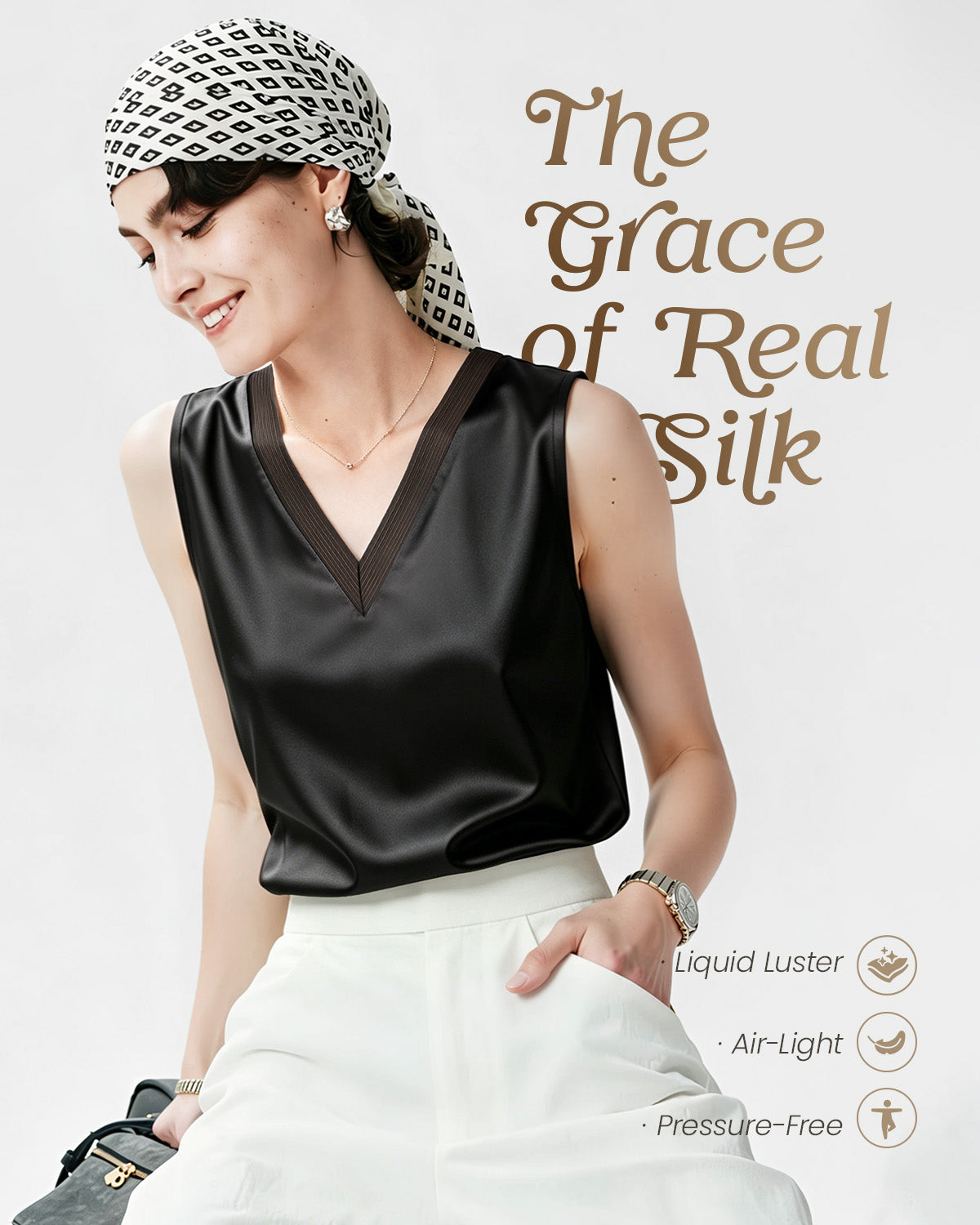 FEELITS TK21 22 Momme Silk V-Neck Tank Top - 100% Mulberry Silk, Loose Fit & Breathable