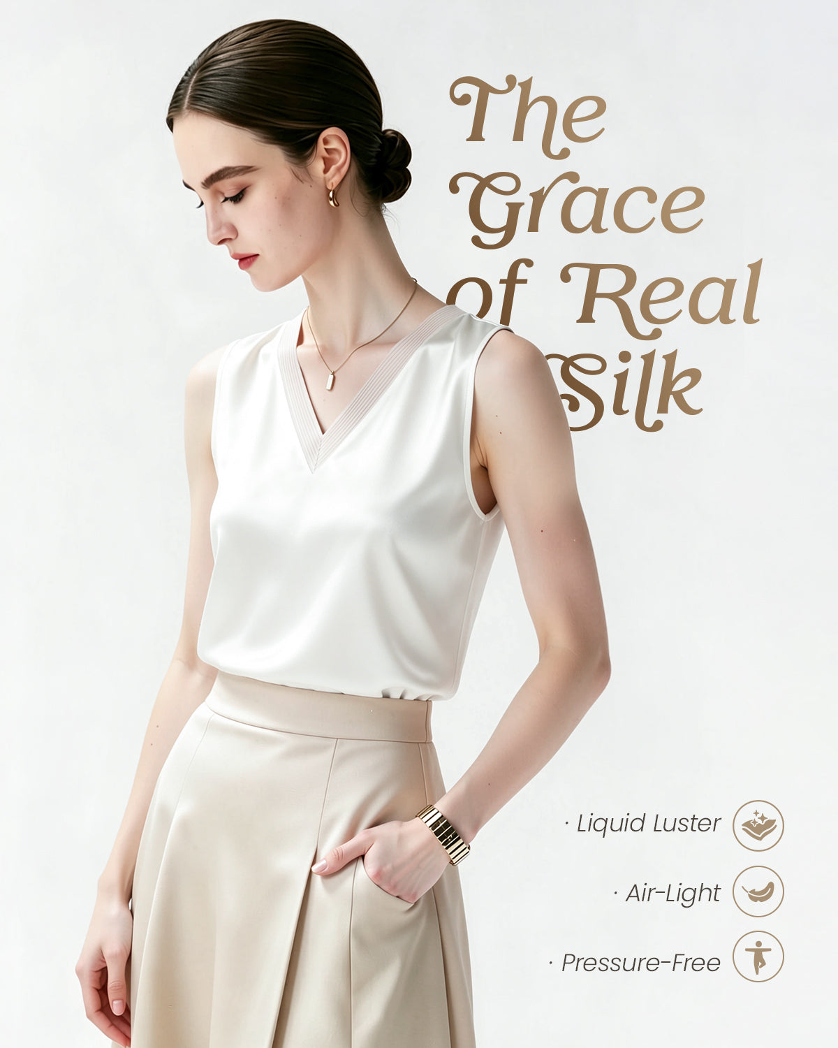 FEELITS TK21 22 Momme Silk V-Neck Tank Top - 100% Mulberry Silk, Loose Fit & Breathable