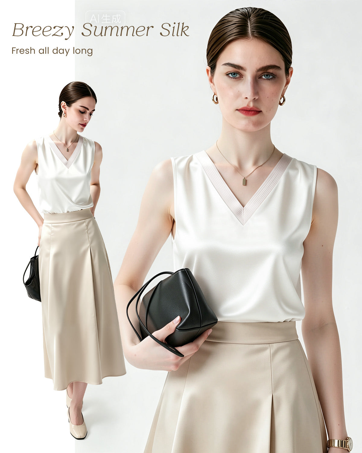 FEELITS TK21 22 Momme Silk V-Neck Tank Top - 100% Mulberry Silk, Loose Fit & Breathable