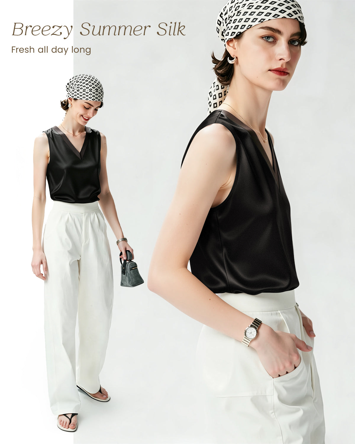 FEELITS TK21 22 Momme Silk V-Neck Tank Top - 100% Mulberry Silk, Loose Fit & Breathable