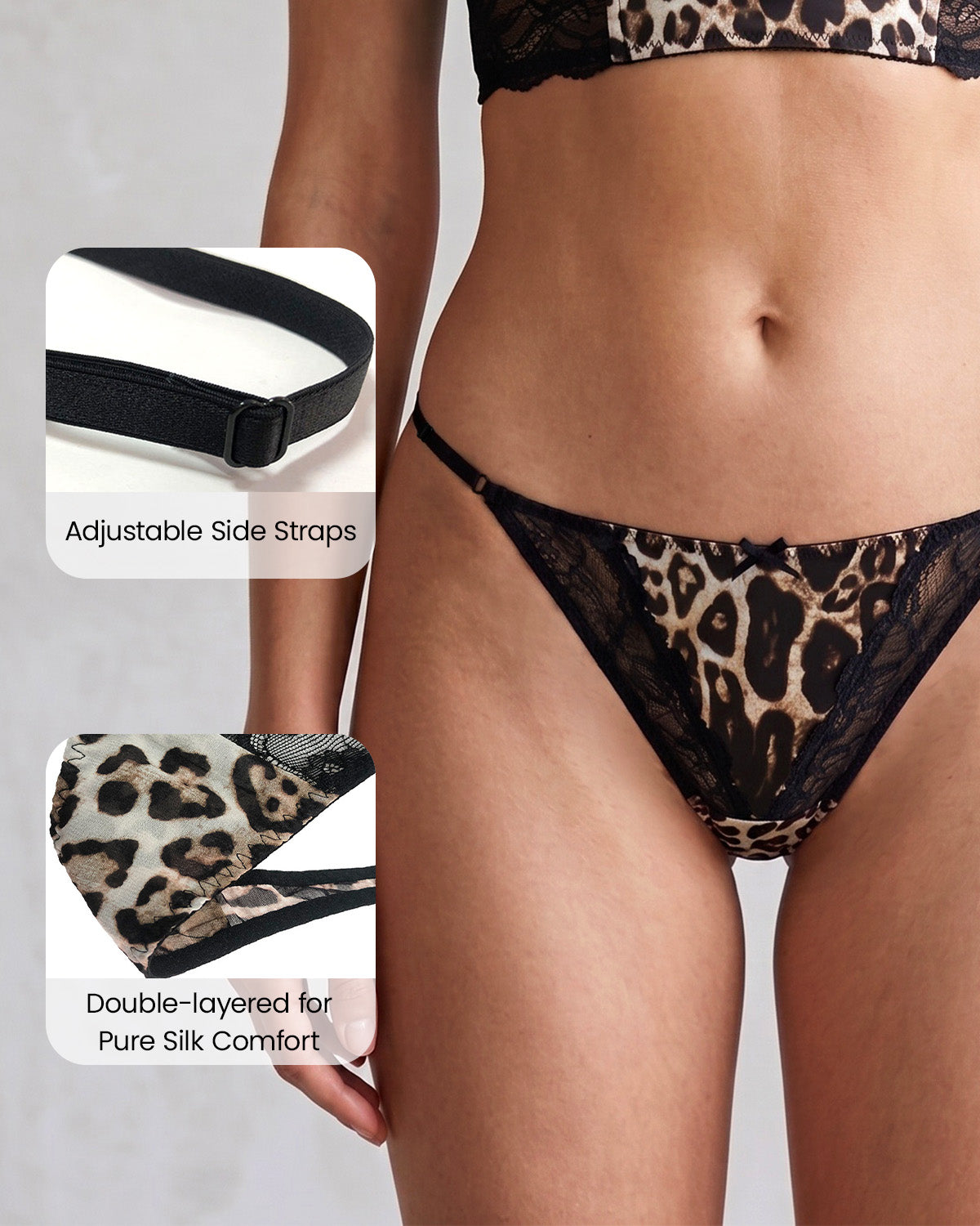 FEELITS YF04 Leopard Lace Silk T-Back Panties - 100% Mulberry Silk, Adjustable Straps