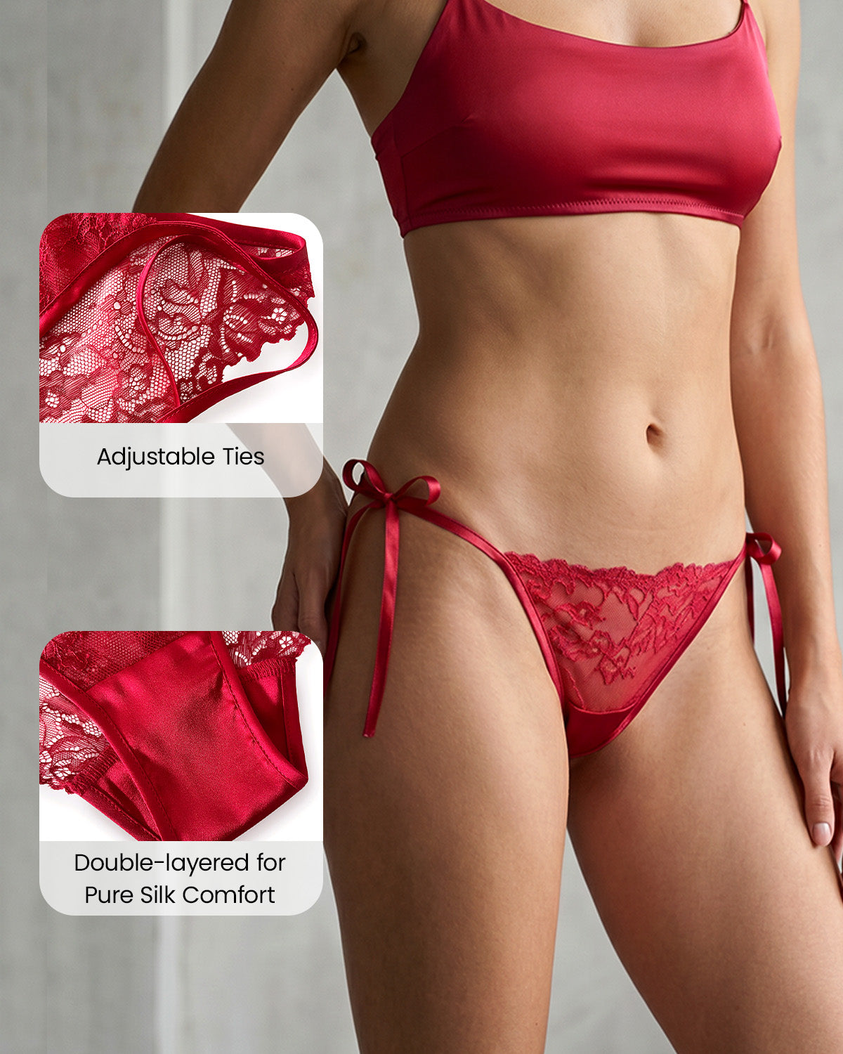FEELITS YF05 Silk Tie-Side Panties - Mulberry Silk, Lace & Adjustable Bows