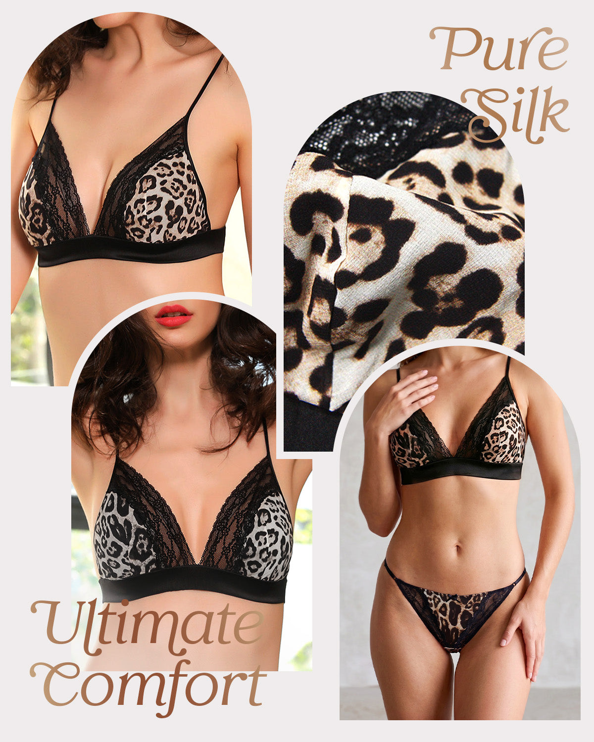 FEELITS YFB01 Leopard Lace Silk Triangle Bra - 95% Mulberry Silk, Wireless Double-Hook Design
