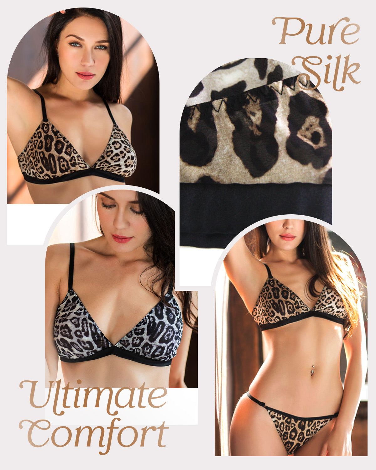 FEELITS YFB02 Leopard Print Silk Triangle Bra - 95% Mulberry Silk, Wireless Single-Hook Design