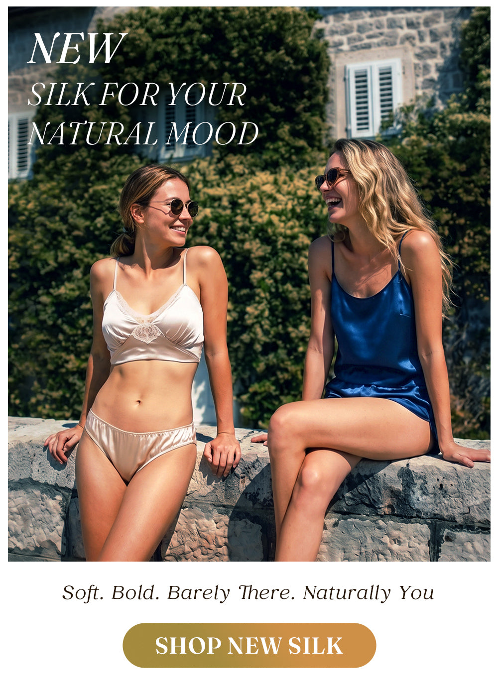 Models wearing brown and blush mulberry silk bikini and brief panties by the sea | FEELITS
