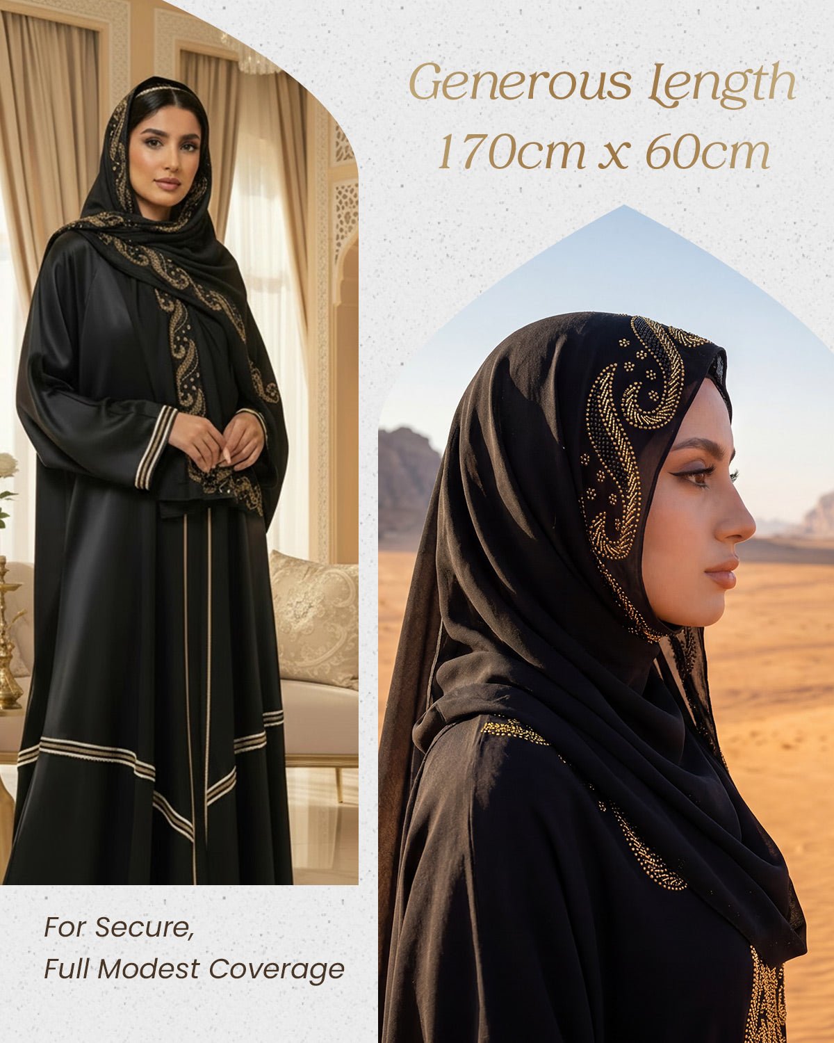 FEELITS TJ02 Dubai Style Gold Embroidered Black Hijab – Flowing Modest Headscarf - FEELITS