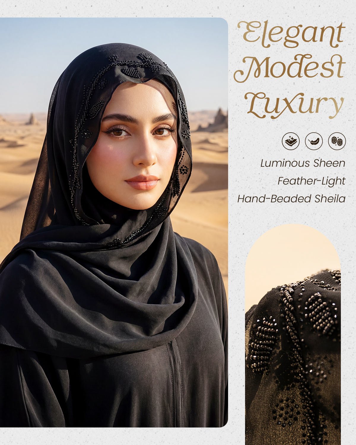 FEELITS TJ03 Black Embellished Hijab – Lightweight Everyday Modest Scarf - FEELITS