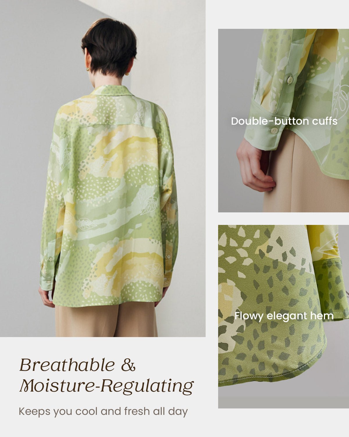 Feelits 100% 19 Momme Mulberry Silk Artistic Print Long Sleeve Lapel Collar Women's Blouse - FEELITS