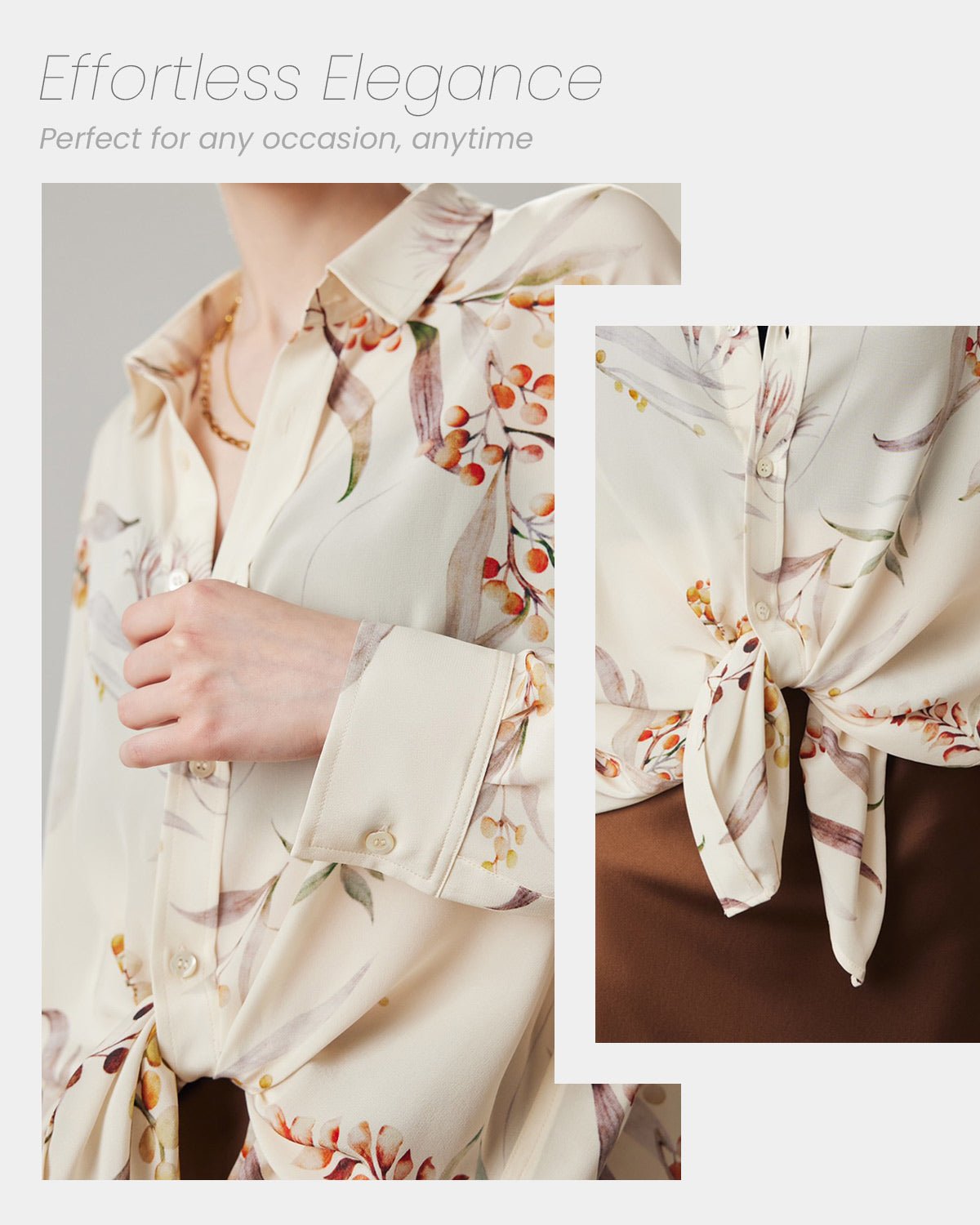 Feelits 100% 19 Momme Mulberry Silk Champagne Floral Print Long Sleeve Lapel Collar Women's Blouse - FEELITS