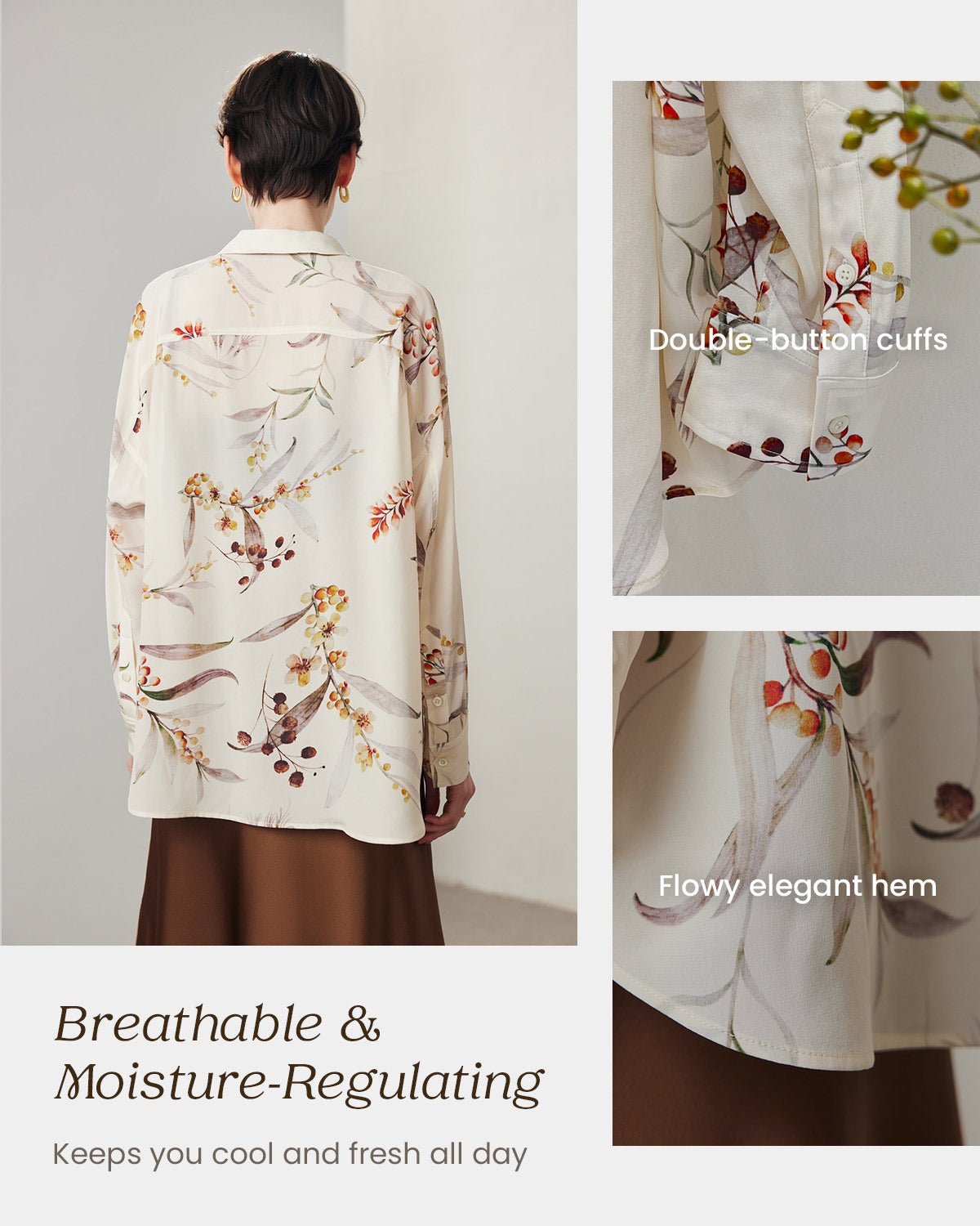 Feelits 100% 19 Momme Mulberry Silk Champagne Floral Print Long Sleeve Lapel Collar Women's Blouse - FEELITS