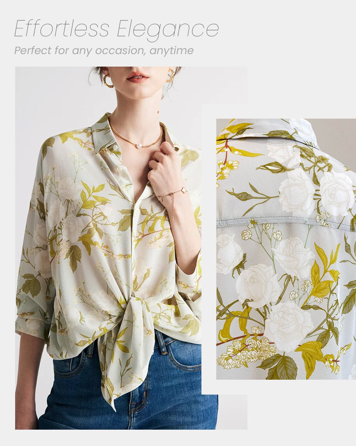 Feelits 100% 19 Momme Mulberry Silk Floral & Leaf Print Long Sleeve Lapel Collar Women's Blouse - FEELITS