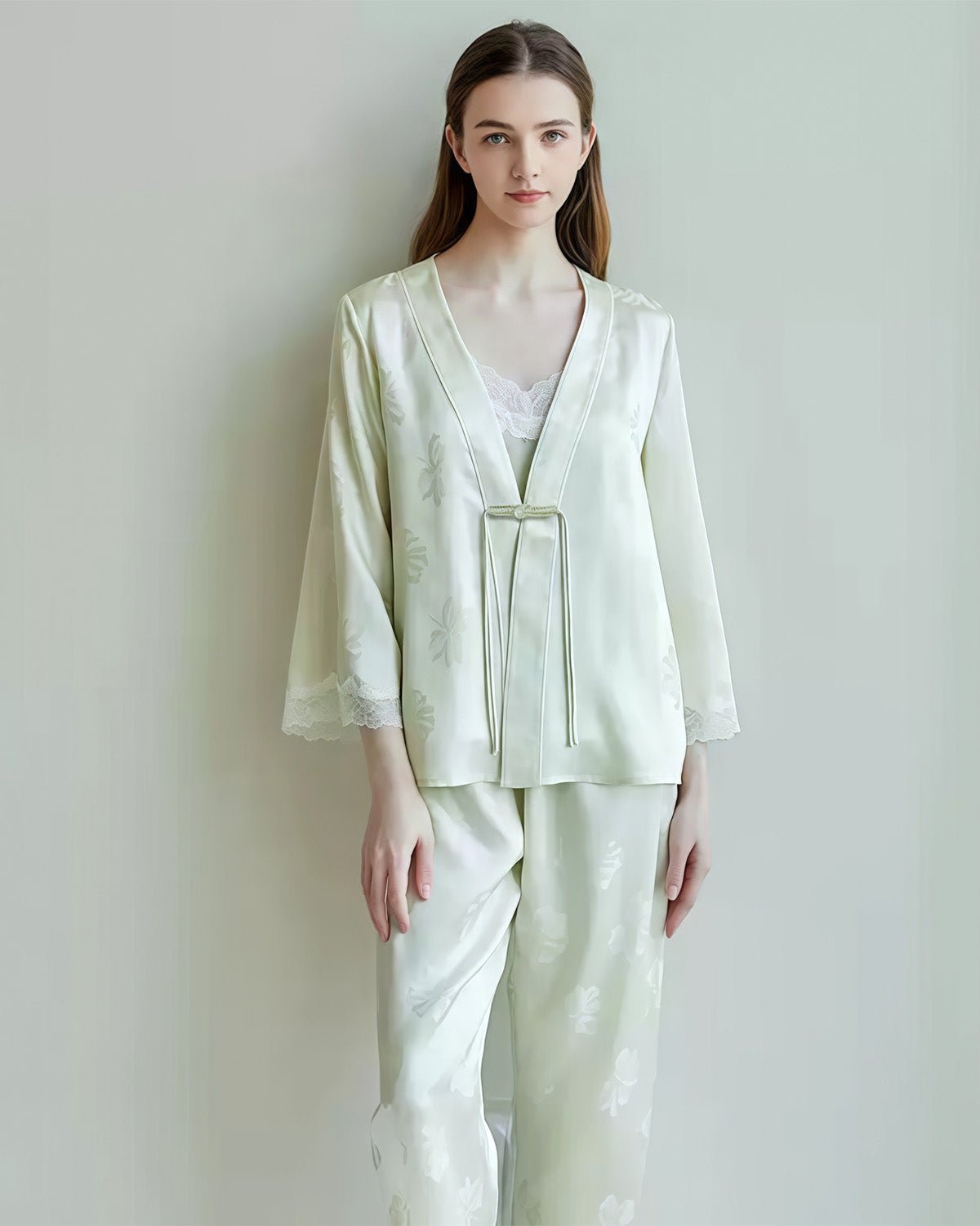 FEELITS 100% 6A Grade Mulberry Silk Pajama Set - 19mm Silk with Lace Design - Camisole & Long Pants with Elegant Print - Comfortable & Relaxed Loungewear Set - FEELITS